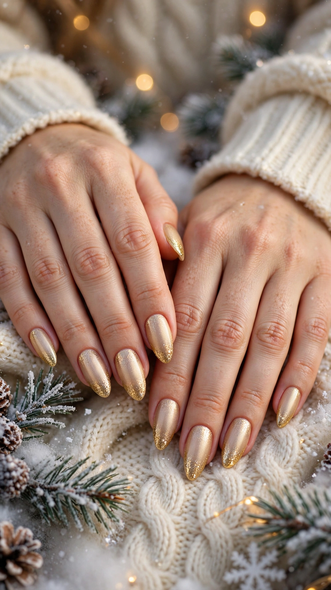 18 Gold leaf accent nails for winter weddings That Are Chic, Festive and Elegant 6 Gold Leaf Accent Nails For Winter Weddings On Long Almond Nails With A Frosted Gold Glow And A Gold Glitter Gradient Tip