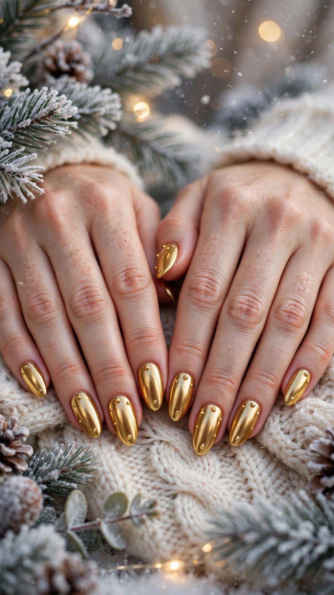 18 Gold leaf accent nails for winter weddings That Are Chic, Festive and Elegant 7 Gold Leaf Accent Nails For Winter Weddings On Almond Nails With A Molten Gold Finish And Tiny Gold Stud Details