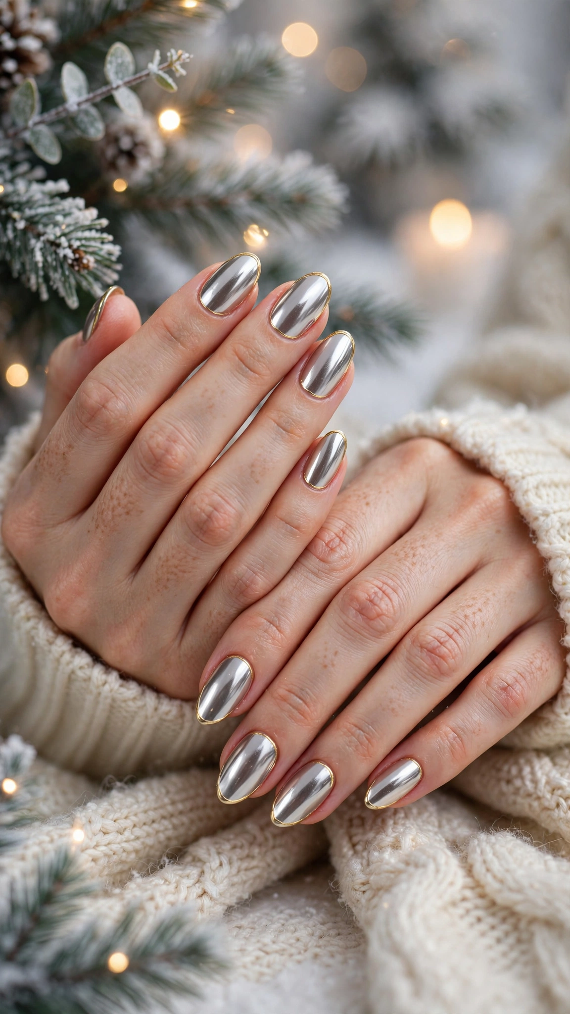 18 Gold leaf accent nails for winter weddings That Are Chic, Festive and Elegant 8 Gold Leaf Accent Nails For Winter Weddings On Medium Almond Nails With A High-Shine Chrome Finish And A Thin Gold French Edge