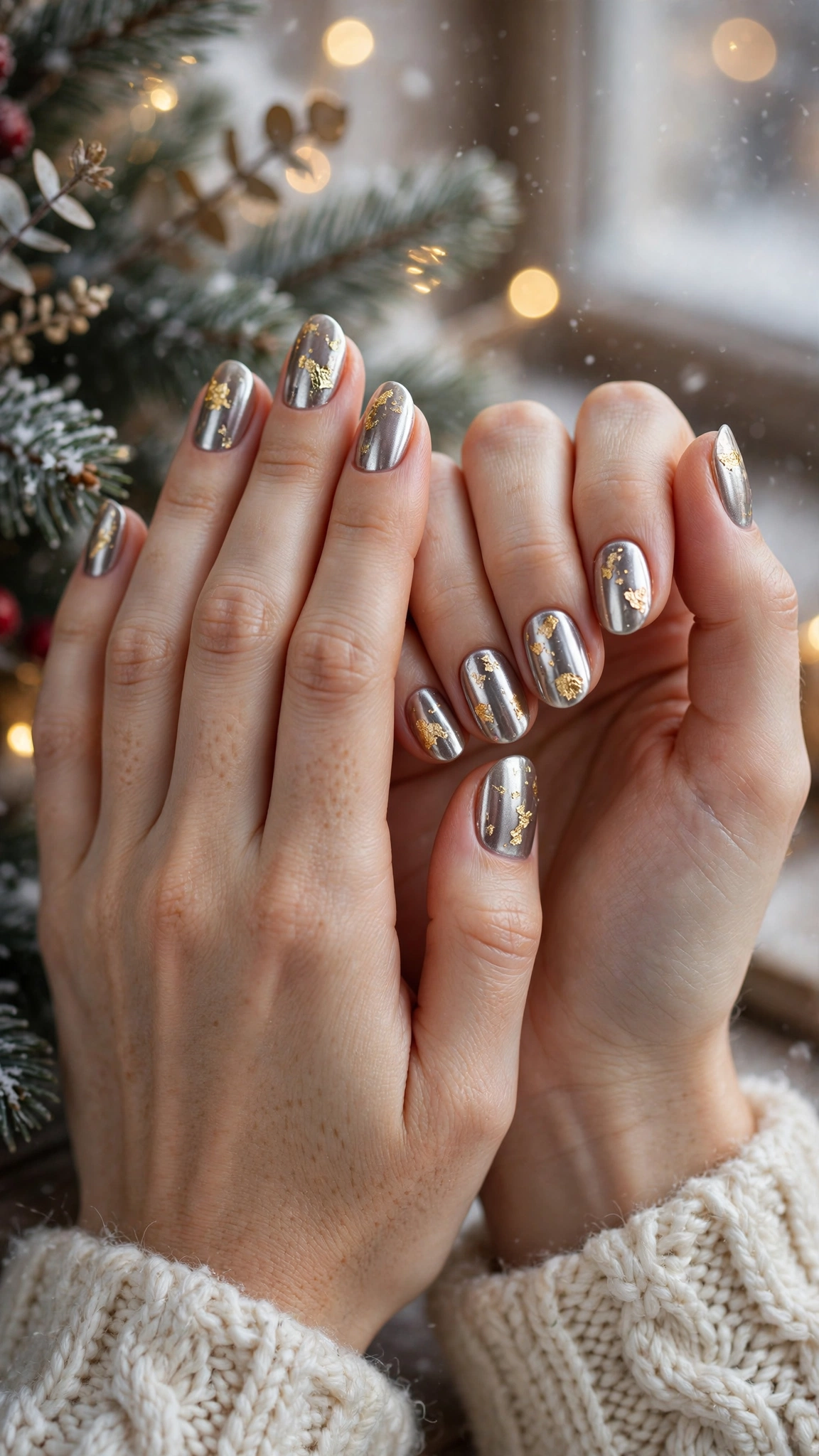 18 Gold leaf accent nails for winter weddings That Are Chic, Festive and Elegant 9 Gold Leaf Accent Nails For Winter Weddings On Natural Oval Nails With A Liquid-Metal Shine And Delicate Gold Foil Flakes