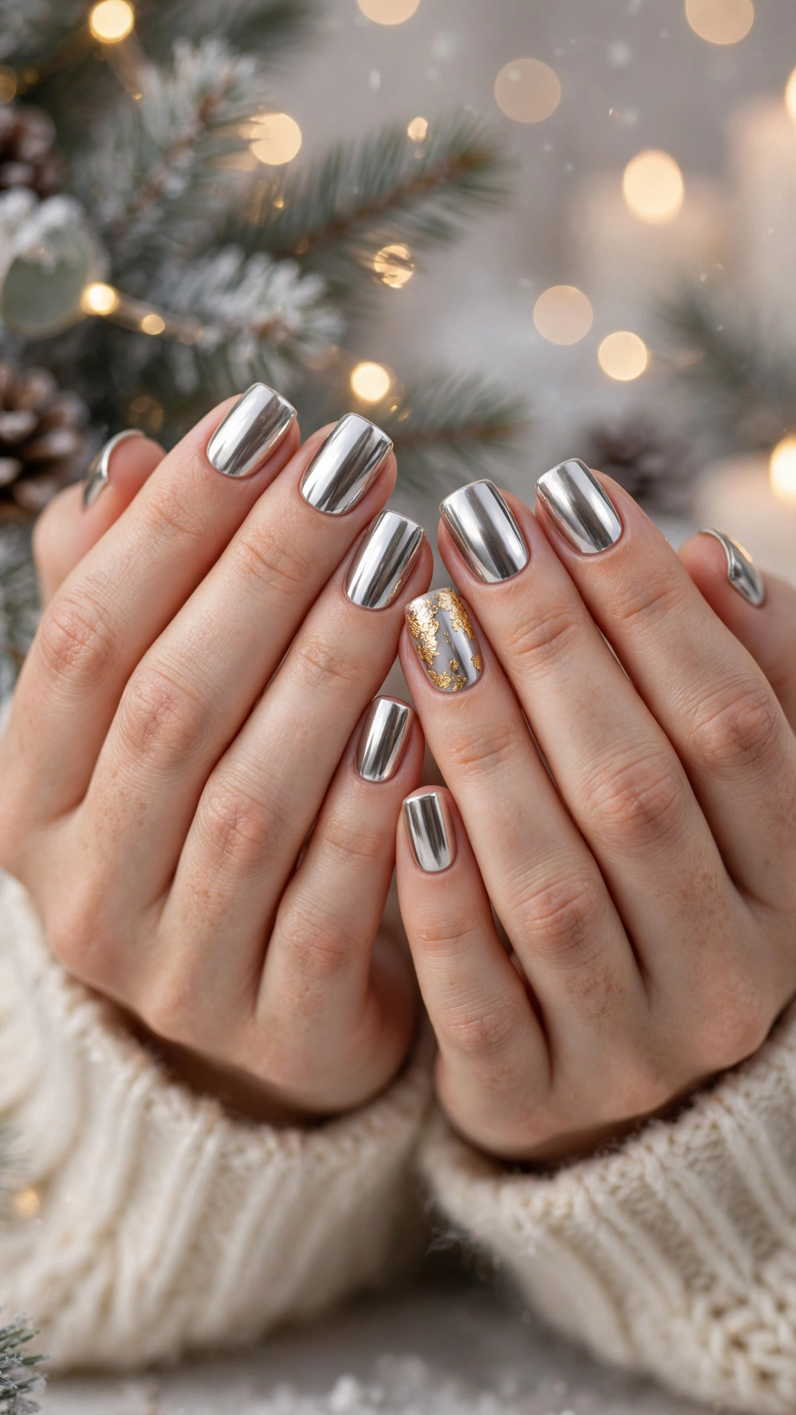 18 Gold leaf accent nails for winter weddings That Are Chic, Festive and Elegant 10 Gold Leaf Accent Nails For Winter Weddings On Soft Square Nails With Mirror Chrome Shine And A Single Gold Leaf Accent Nail (Variation 9)