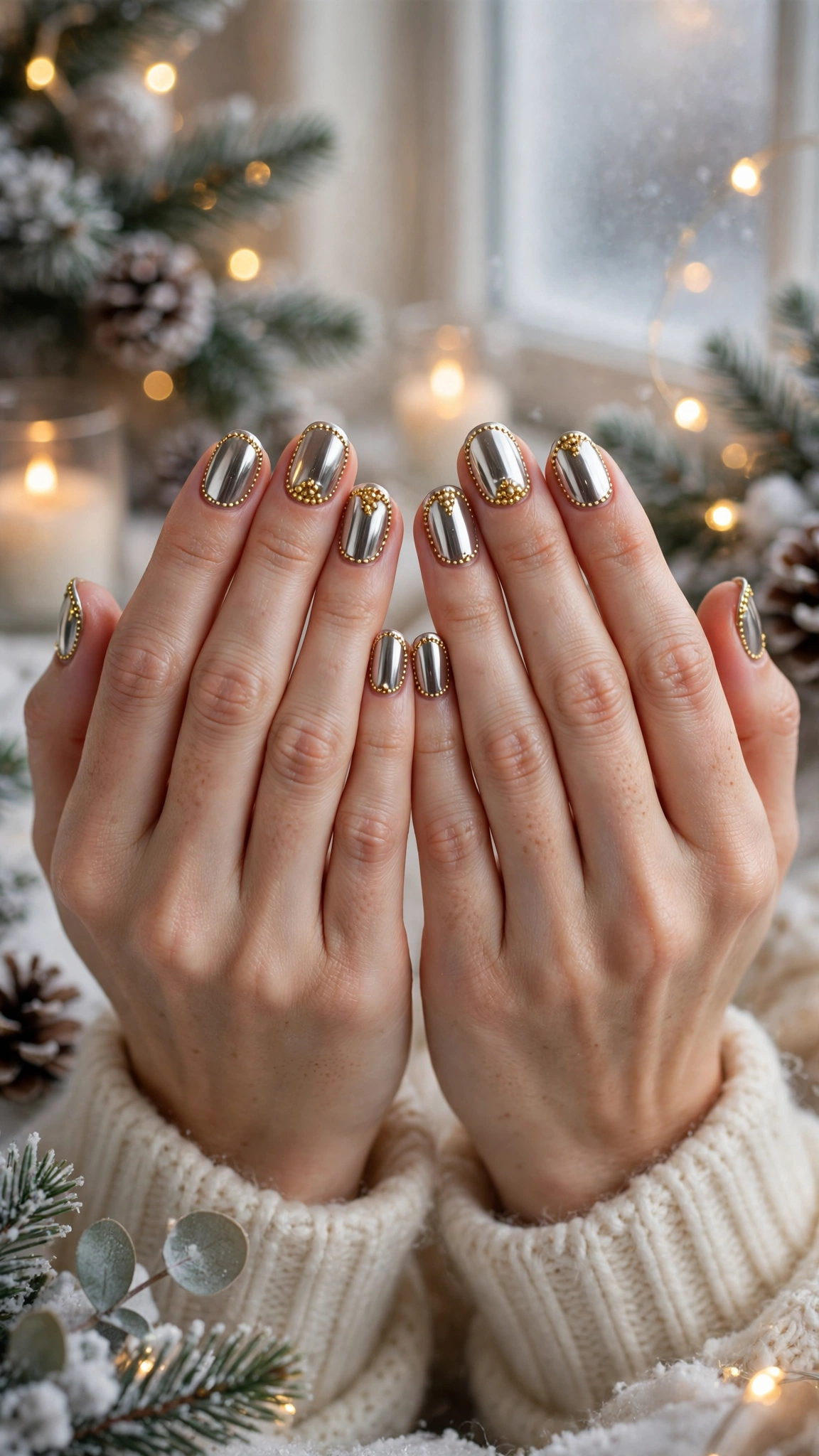 18 Gold leaf accent nails for winter weddings That Are Chic, Festive and Elegant 11 Gold Leaf Accent Nails For Winter Weddings On Short Squoval Nails With A Luxe Polished Chrome And Gold Micro-Bead Details (Variation 10)