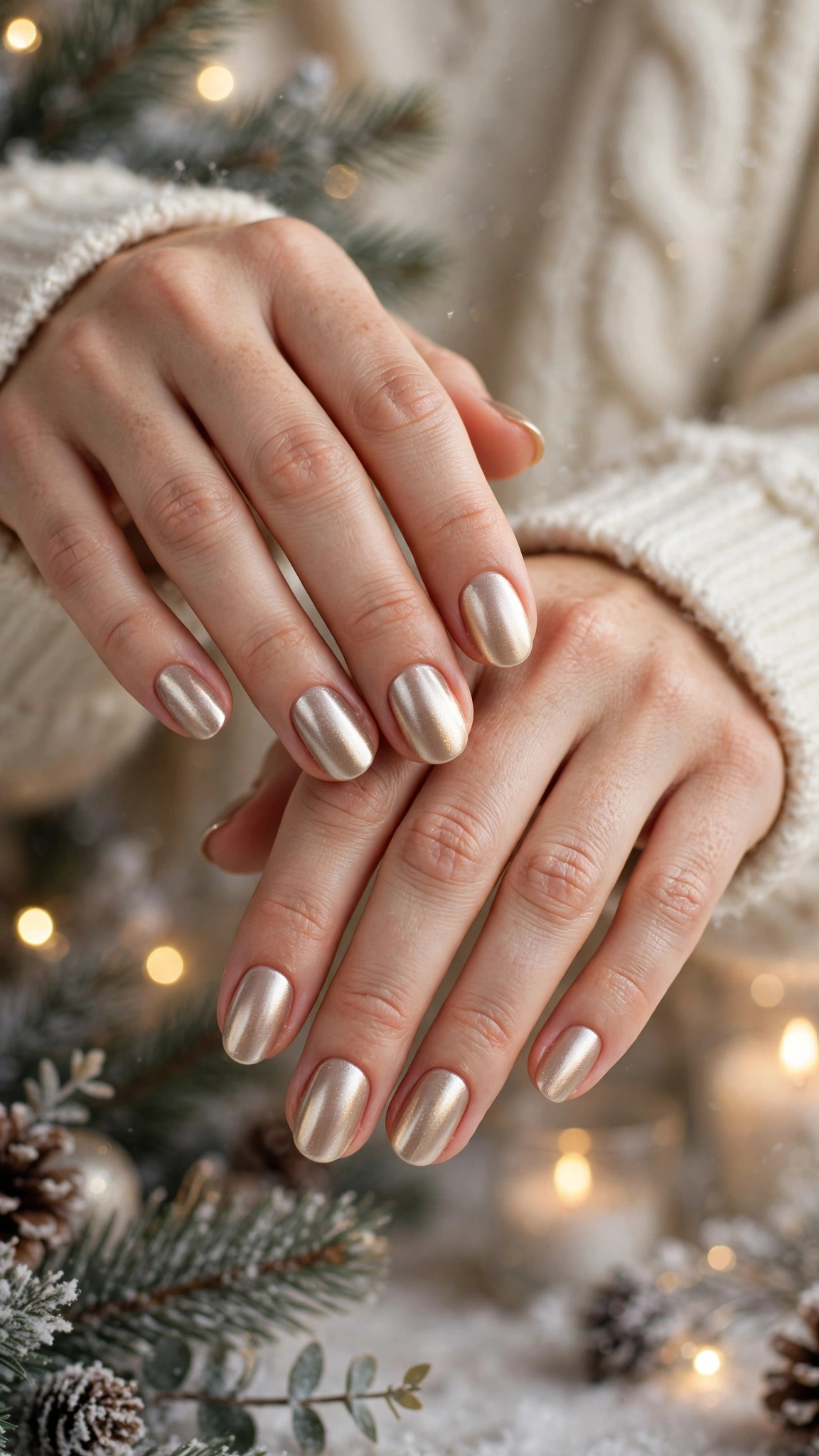 18 Gold leaf accent nails for winter weddings That Are Chic, Festive and Elegant 12 Gold Leaf Accent Nails For Winter Weddings On Short Oval Nails With A Satin Chrome Effect And A Champagne Shimmer Accent (Variation 11)