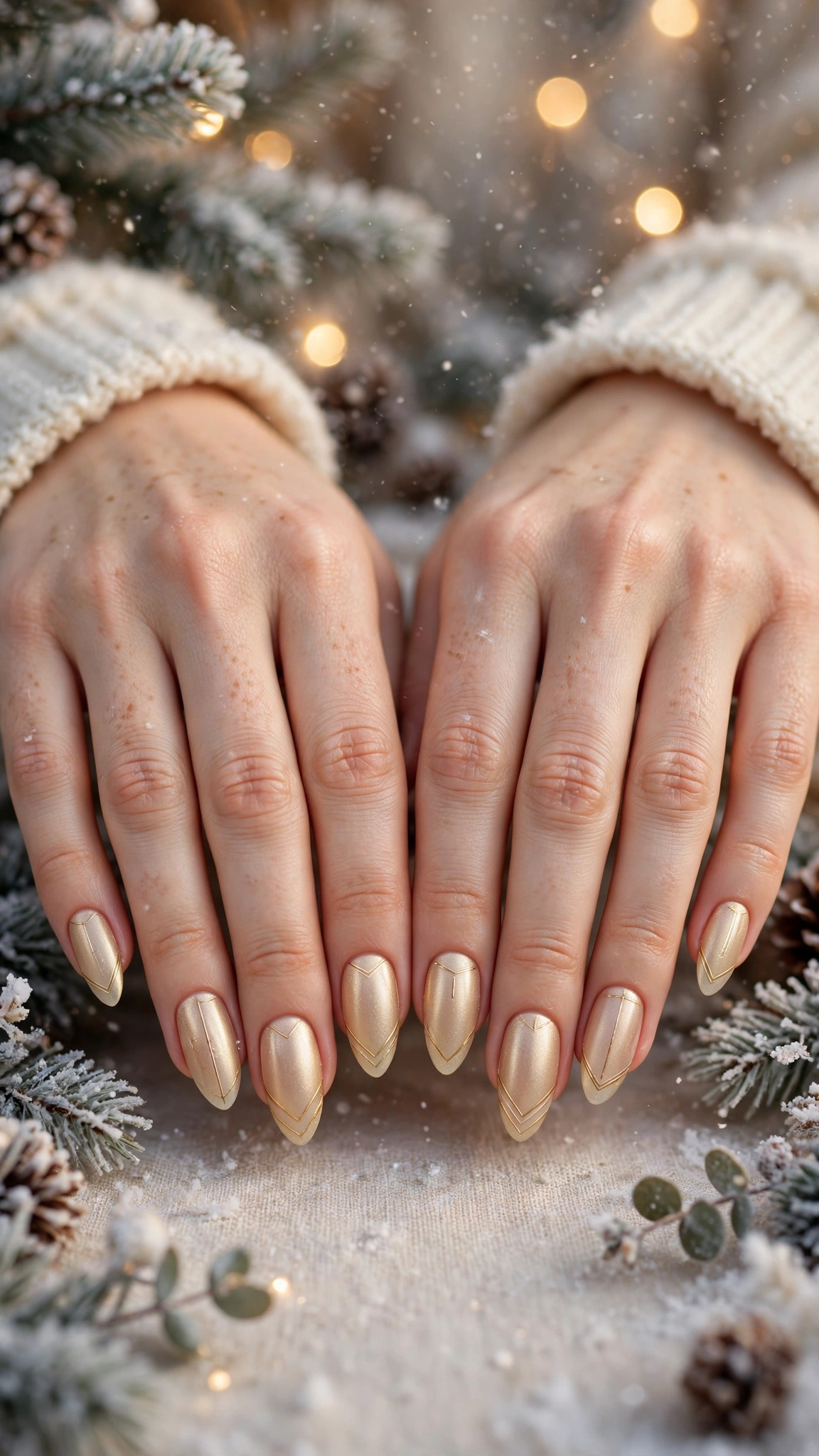 18 Gold leaf accent nails for winter weddings That Are Chic, Festive and Elegant 14 Gold Leaf Accent Nails For Winter Weddings On Long Almond Nails With A Frosted Gold Glow And Minimal Gold Line Art