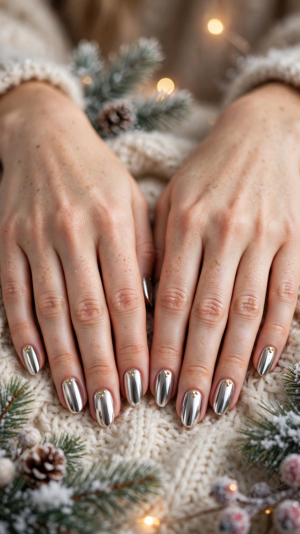 18 Gold leaf accent nails for winter weddings That Are Chic, Festive and Elegant 16 Gold Leaf Accent Nails For Winter Weddings On Medium Almond Nails With A High-Shine Chrome Finish And Tiny Gold Stud Details