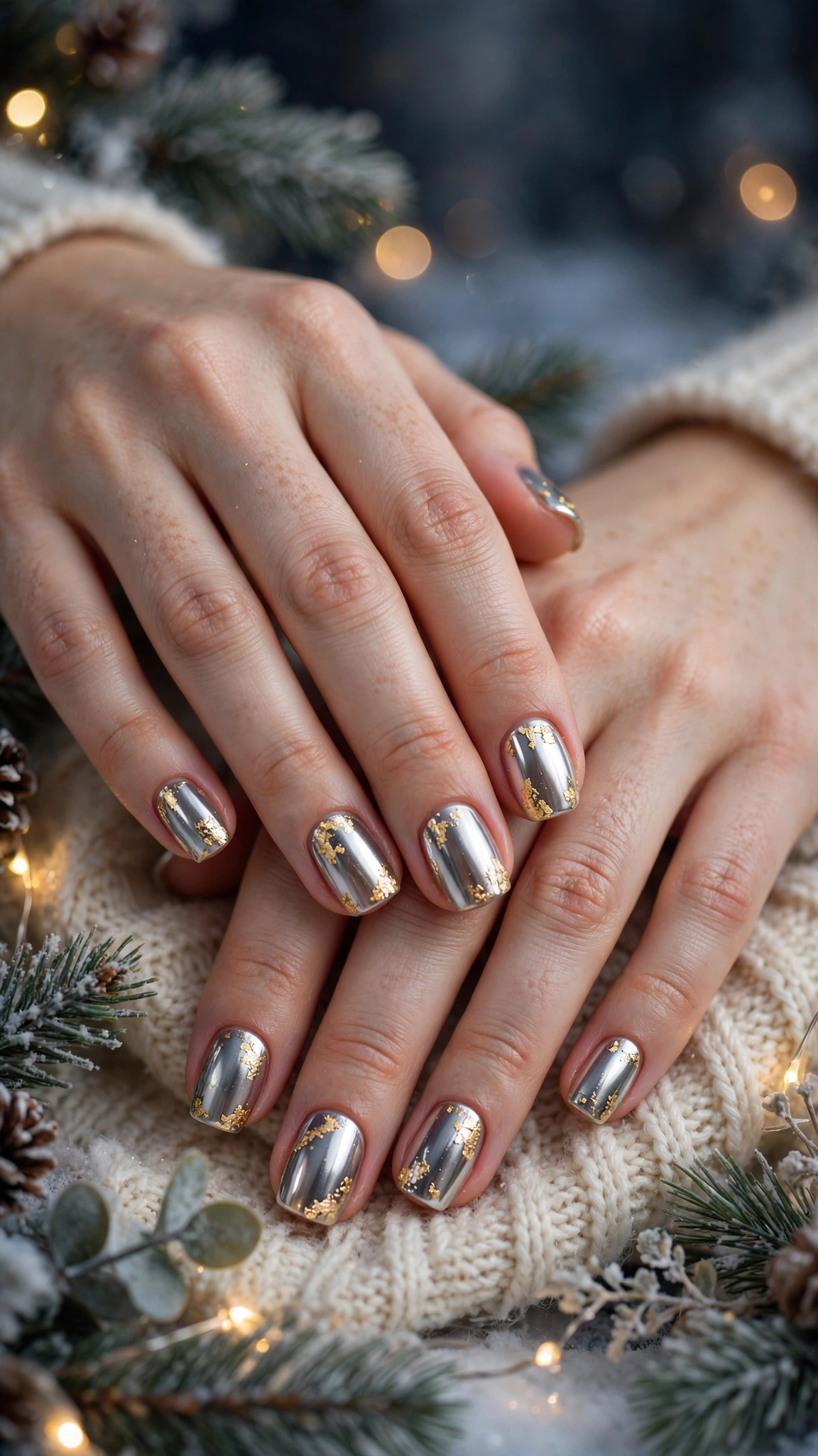 18 Gold leaf accent nails for winter weddings That Are Chic, Festive and Elegant 18 Gold Leaf Accent Nails For Winter Weddings On Soft Square Nails With Mirror Chrome Shine And Delicate Gold Foil Flakes