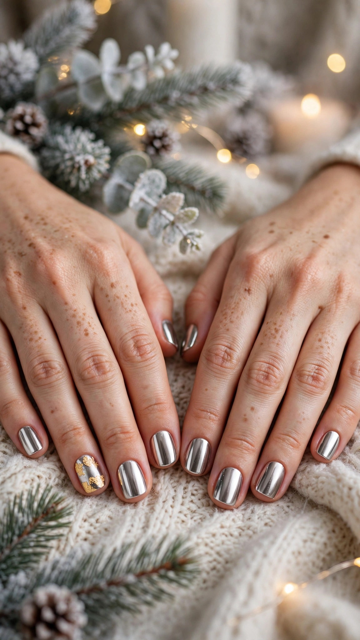 18 Gold leaf accent nails for winter weddings That Are Chic, Festive and Elegant 19 Gold Leaf Accent Nails For Winter Weddings On Short Squoval Nails With A Luxe Polished Chrome And A Single Gold Leaf Accent Nail