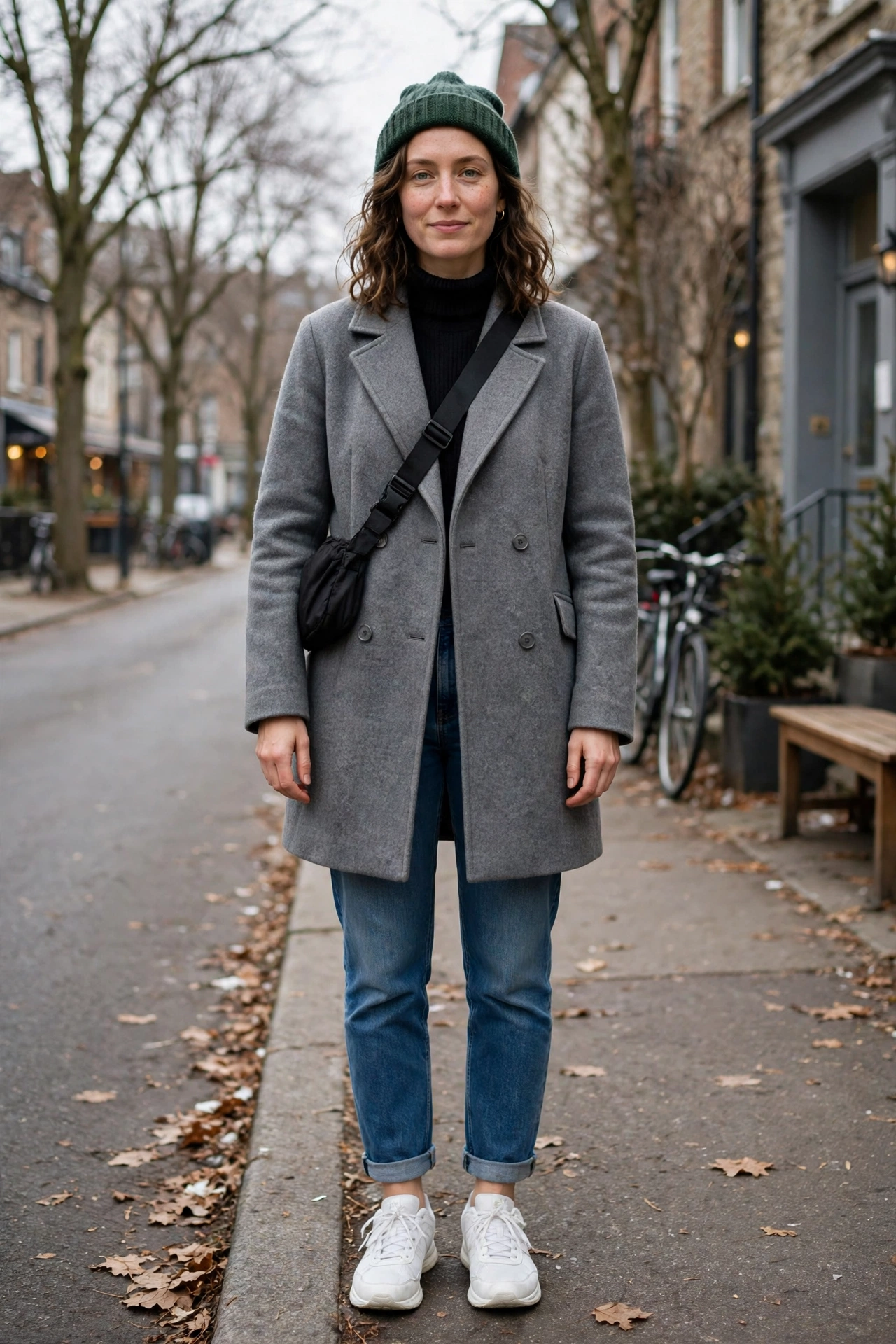 22 Grey Wool Coat Outfits for Winter Weekends That Are Chic, Warm and Elegant 2 Grey Wool Coat With Blue Jeans and White Trainers