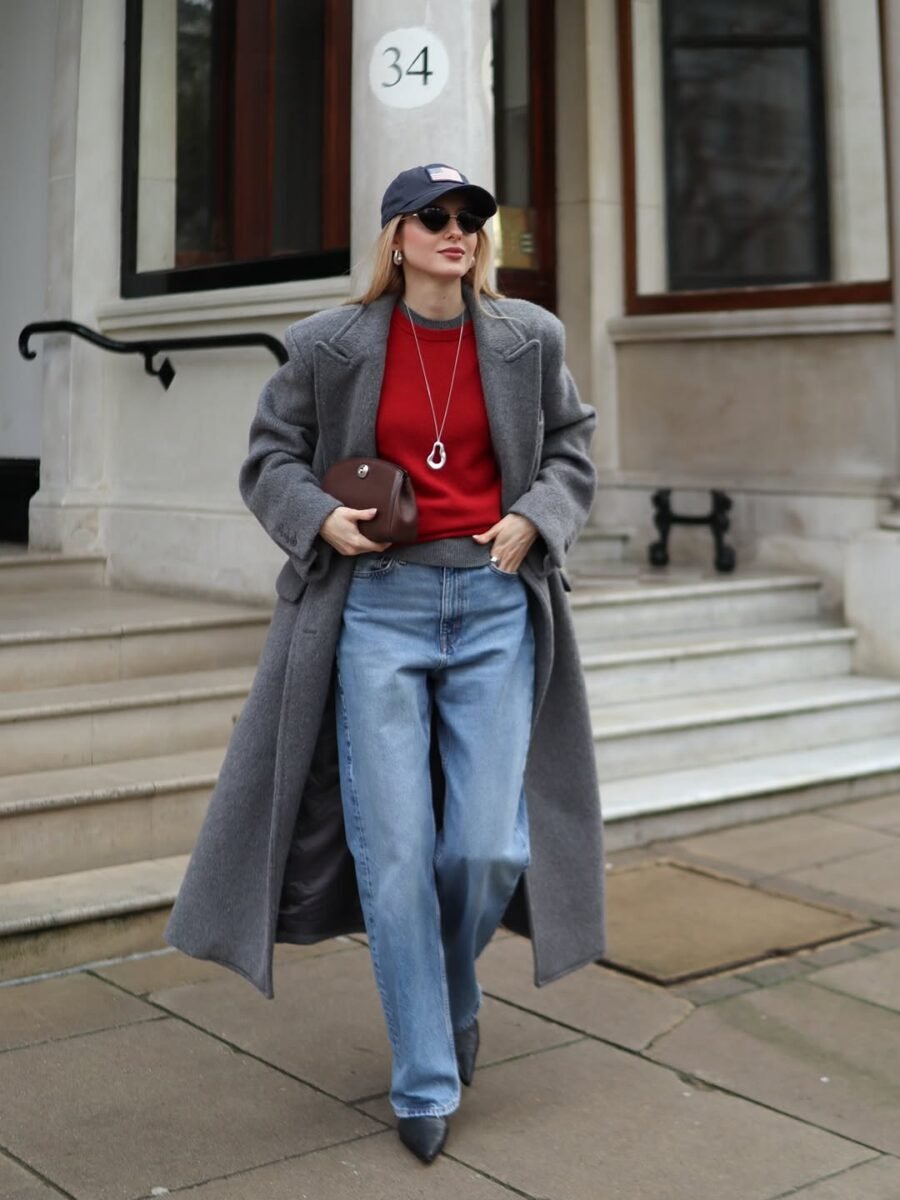22 Grey Wool Coat Outfits for Winter Weekends That Are Chic, Warm and Elegant 6 Grey Wool Coat With a Red Jumper and Jeans
