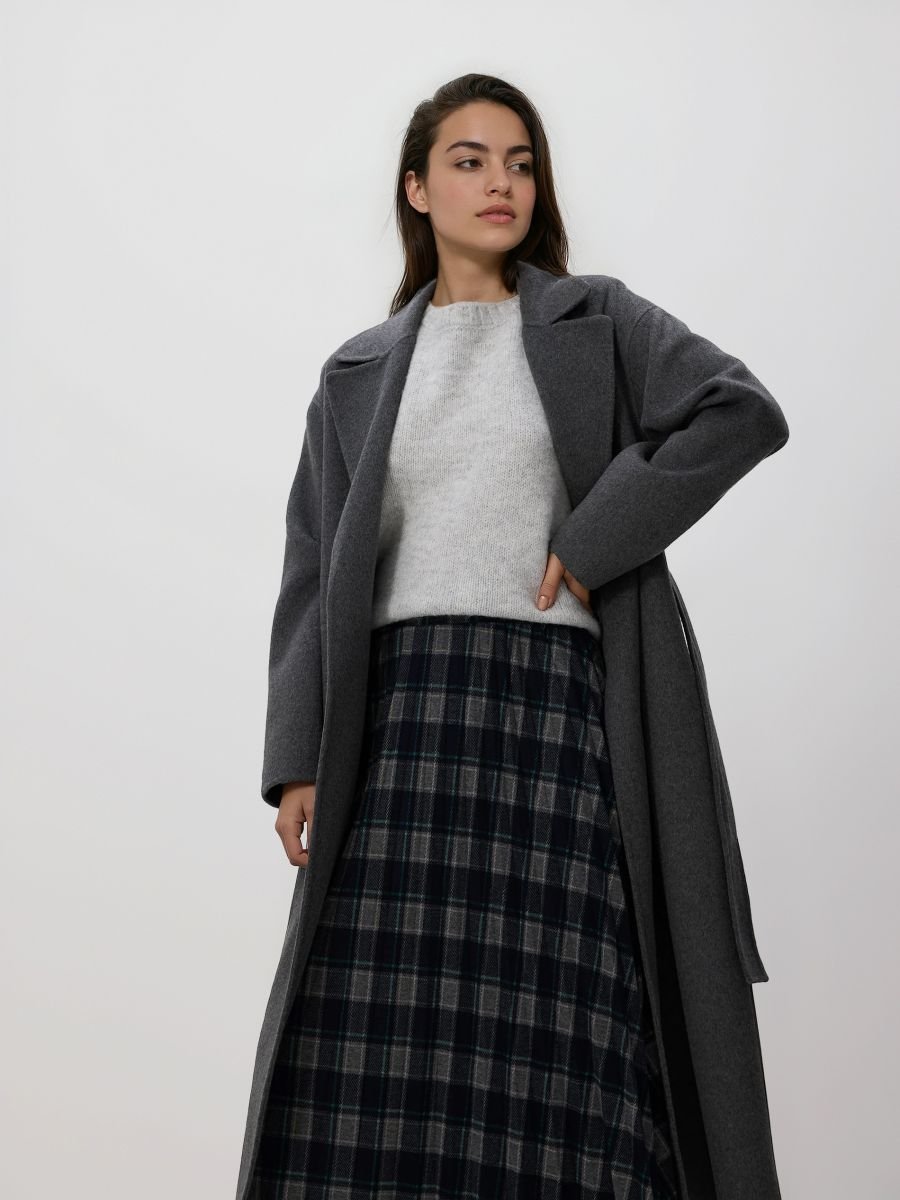 22 Grey Wool Coat Outfits for Winter Weekends That Are Chic, Warm and Elegant 9 Grey Wool Coat Over a Cream Knit and Plaid Skirt