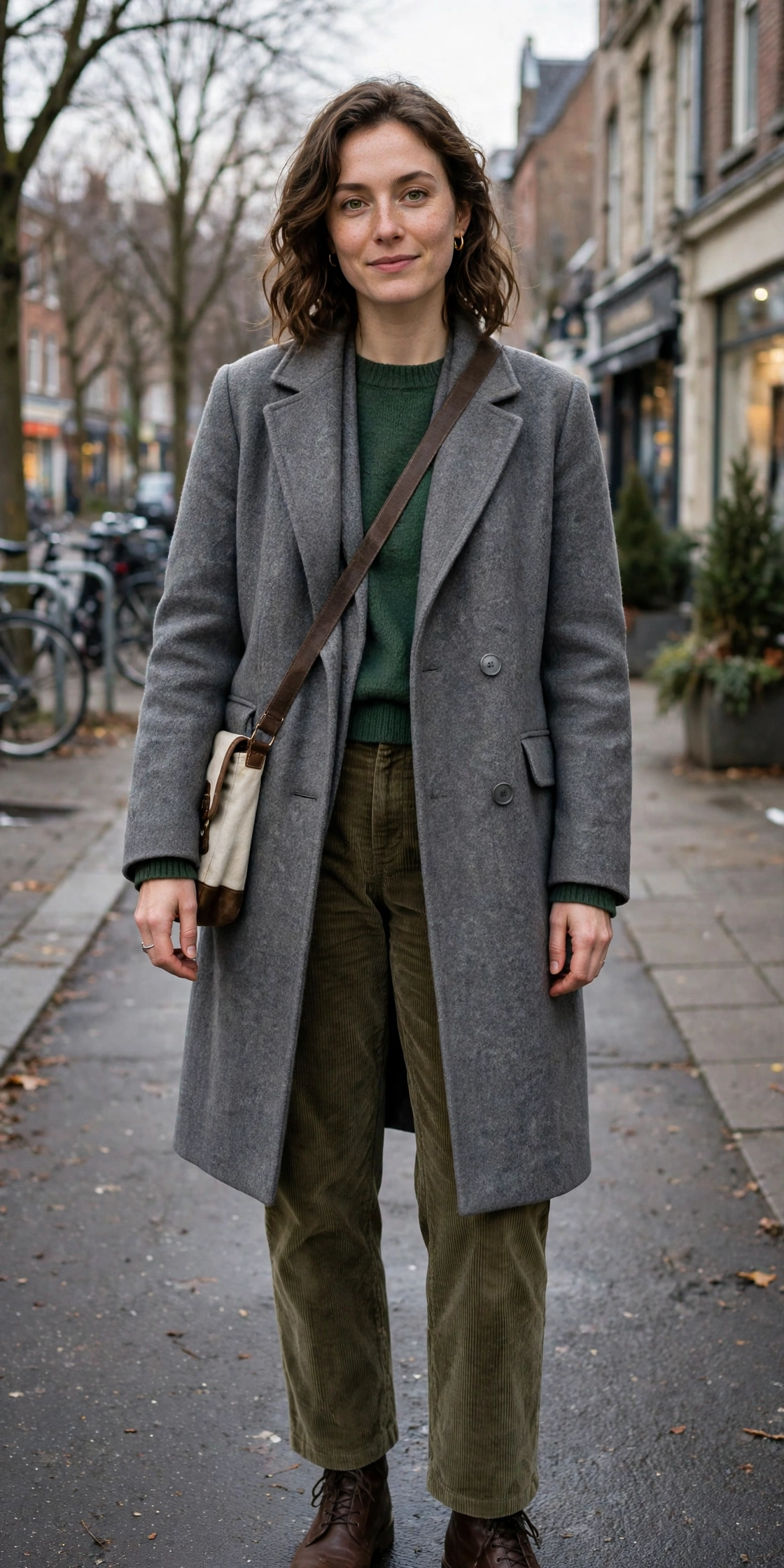 22 Grey Wool Coat Outfits for Winter Weekends That Are Chic, Warm and Elegant 11 Grey Wool Coat Over a Green Jumper and Corduroy Trousers