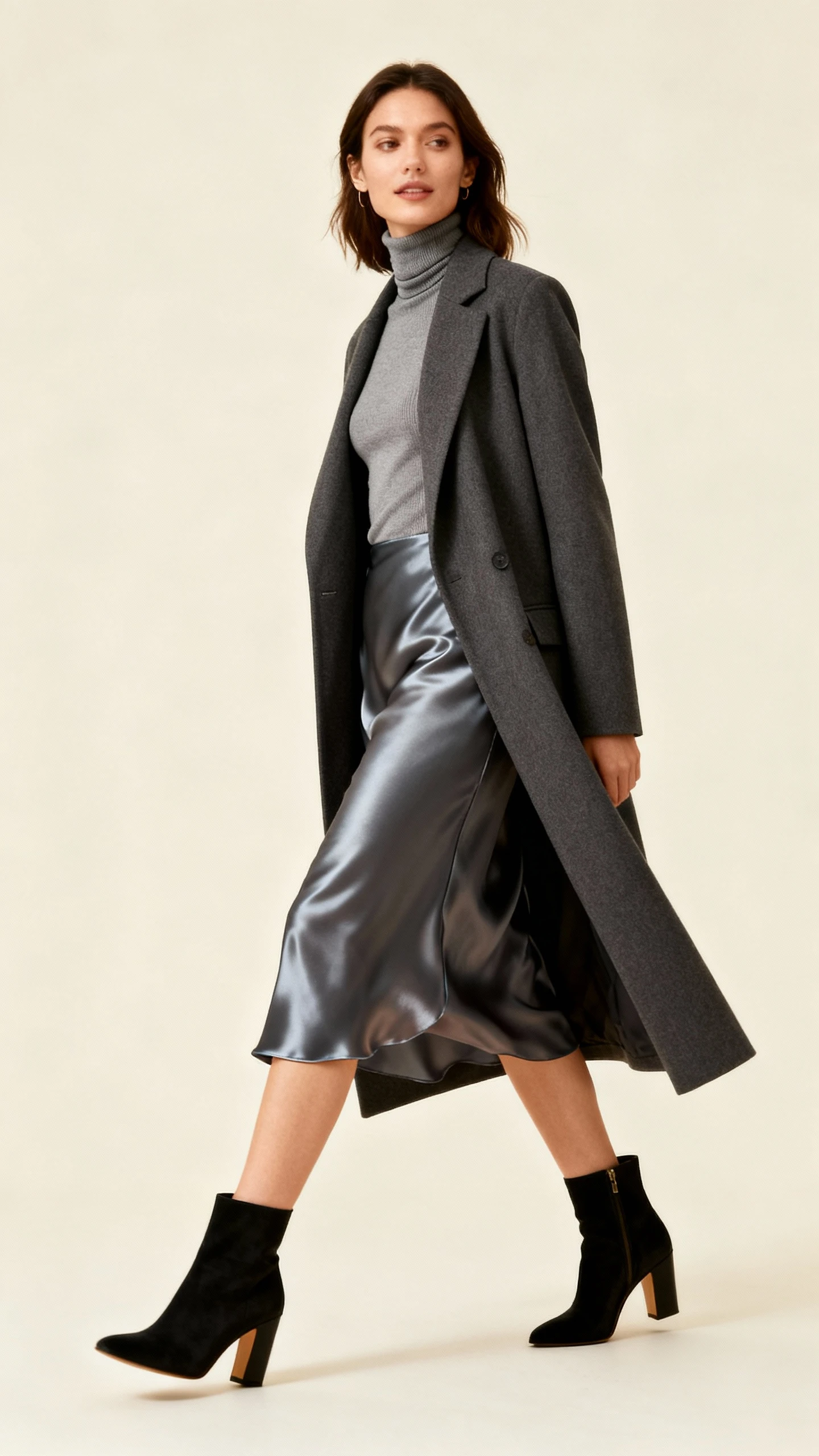 22 Grey Wool Coat Outfits for Winter Weekends That Are Chic, Warm and Elegant 12 Grey Wool Coat With a Satin Midi Skirt