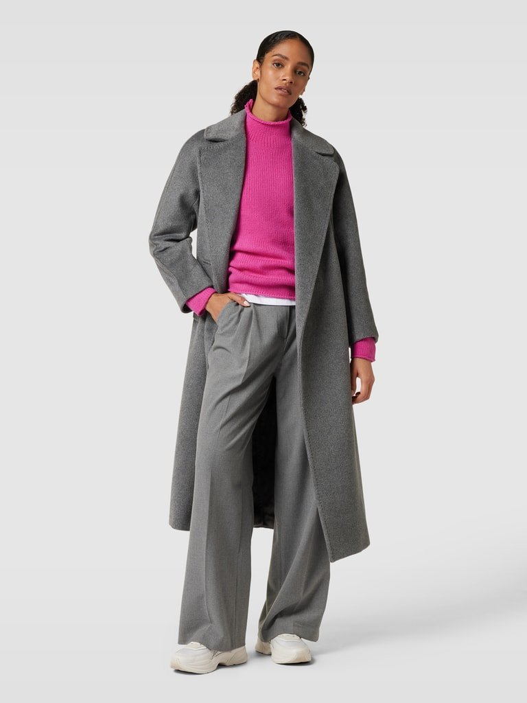 22 Grey Wool Coat Outfits for Winter Weekends That Are Chic, Warm and Elegant 13 Grey Wool Coat Over a Pink Knit and Grey Trousers