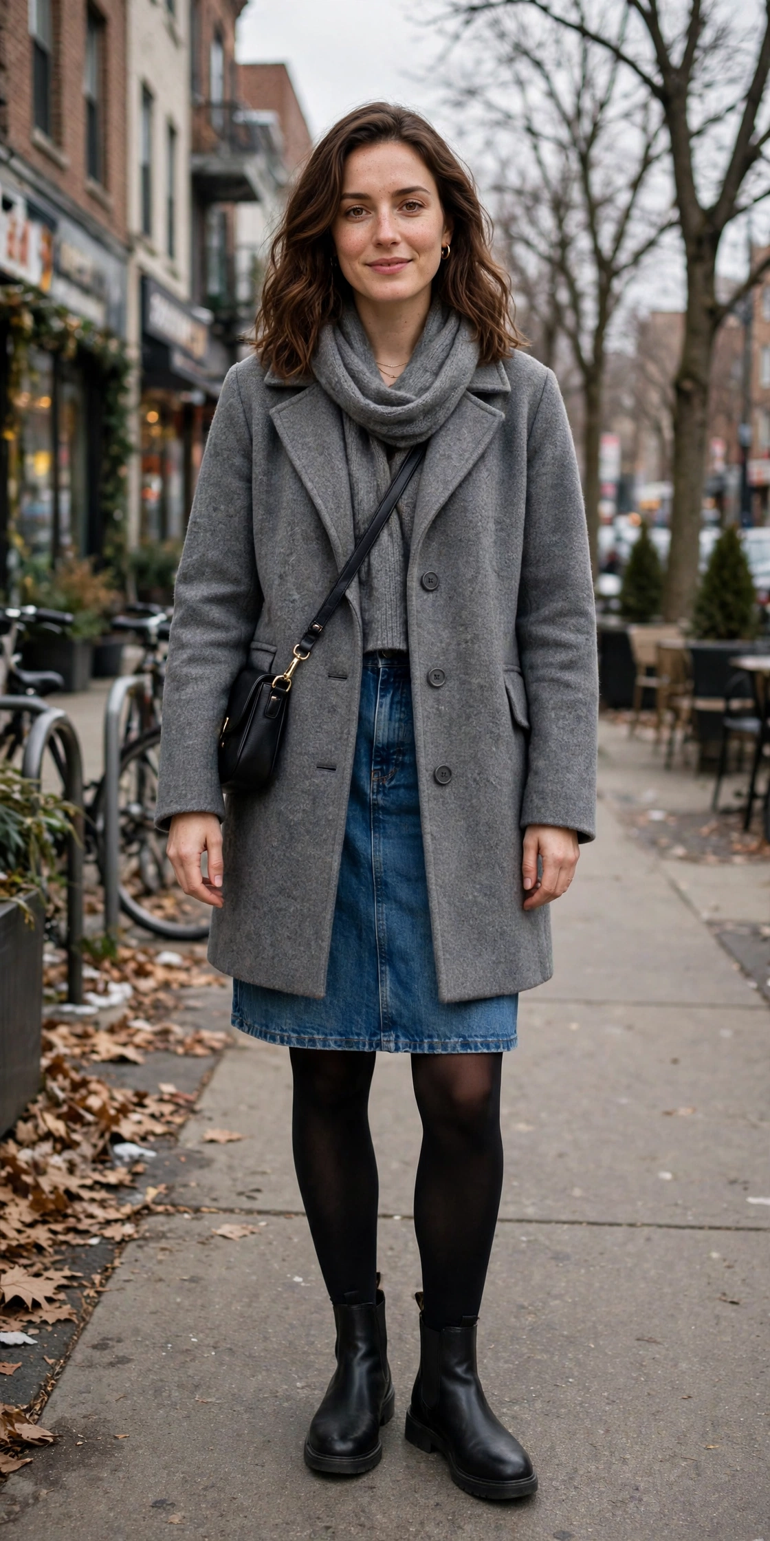 22 Grey Wool Coat Outfits for Winter Weekends That Are Chic, Warm and Elegant 14 Grey Wool Coat With Denim Skirt and Tights