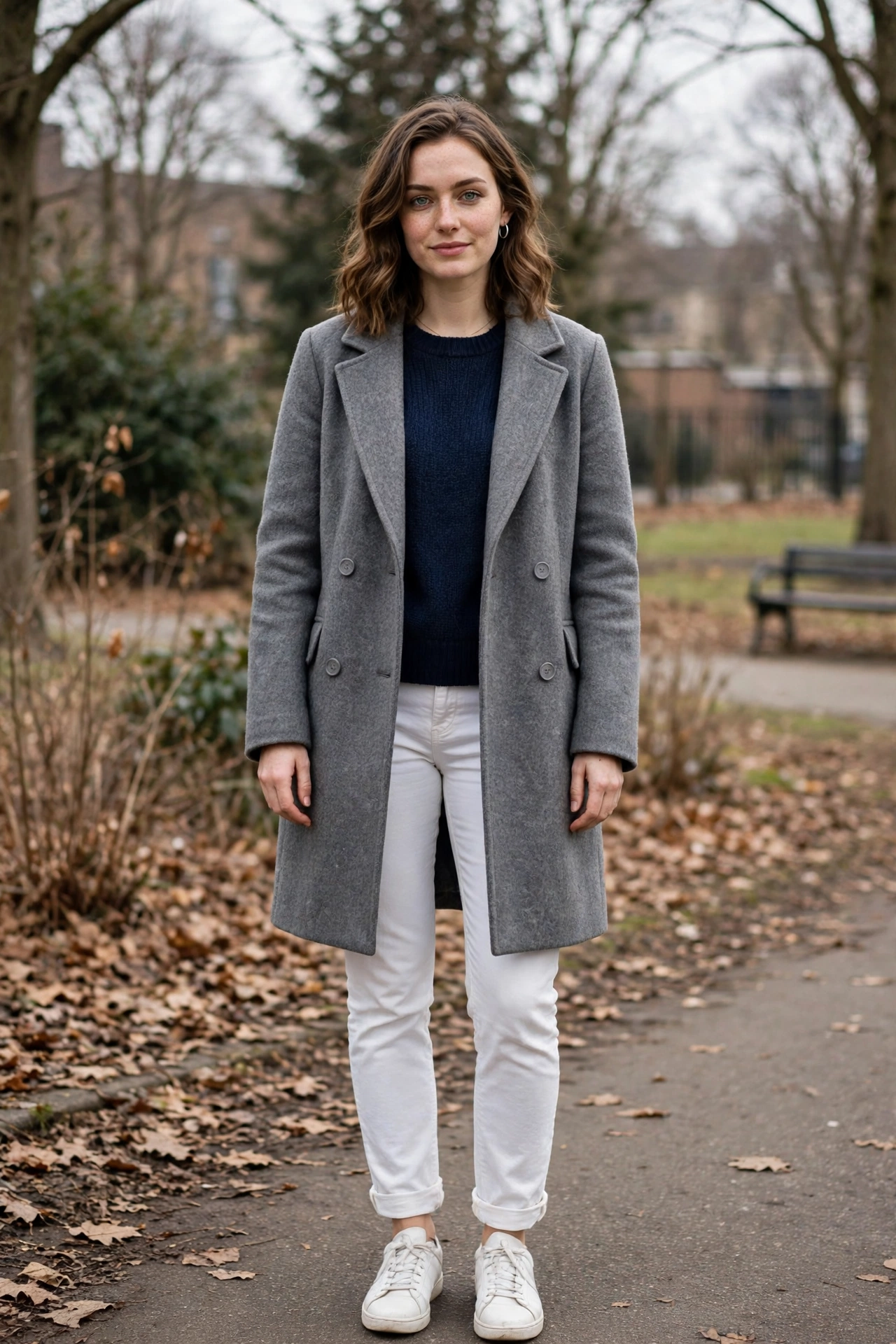 22 Grey Wool Coat Outfits for Winter Weekends That Are Chic, Warm and Elegant 15 Grey Wool Coat Over a Navy Jumper and White Jeans