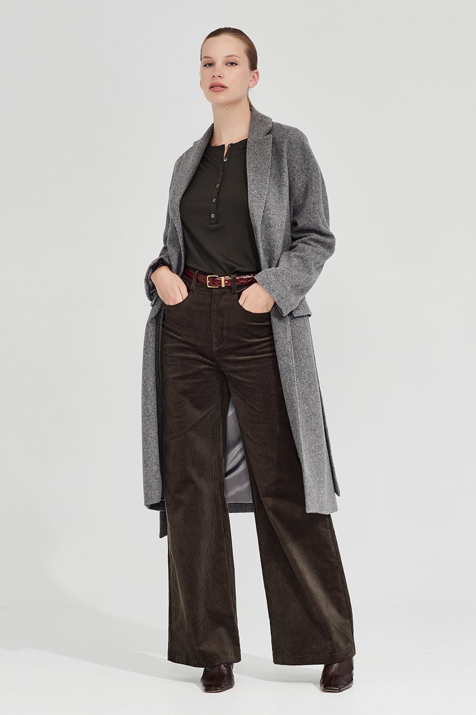 22 Grey Wool Coat Outfits for Winter Weekends That Are Chic, Warm and Elegant 16 Grey Wool Coat With Brown Corduroy Trousers