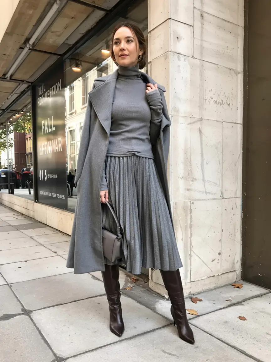 22 Grey Wool Coat Outfits for Winter Weekends That Are Chic, Warm and Elegant 18 Grey Wool Coat With a Pleated Midi Skirt