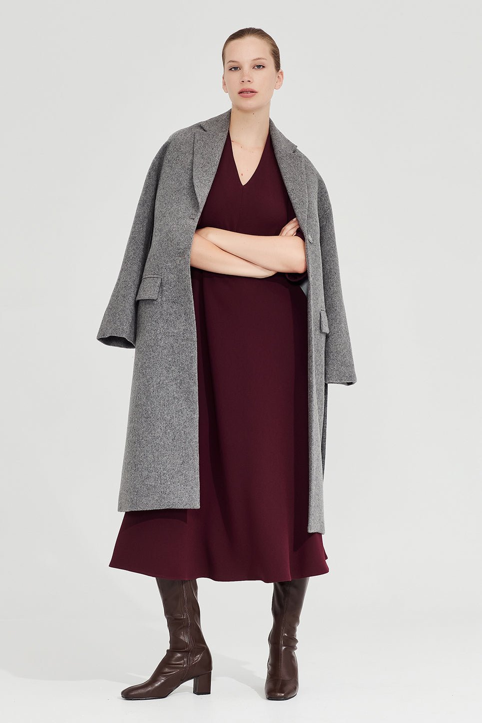 22 Grey Wool Coat Outfits for Winter Weekends That Are Chic, Warm and Elegant 19 Grey Wool Coat Over a Burgundy Dress and Boots