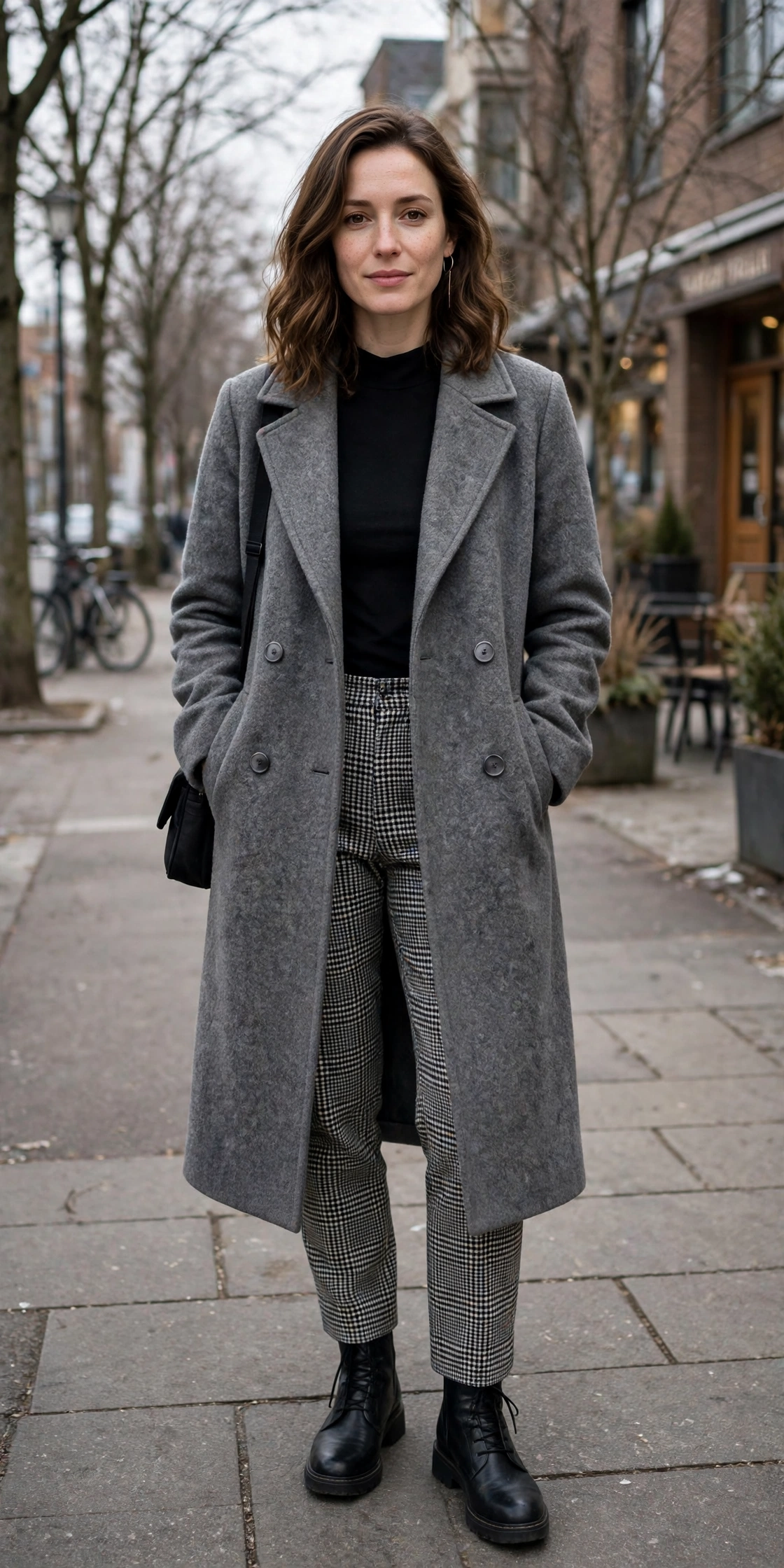 22 Grey Wool Coat Outfits for Winter Weekends That Are Chic, Warm and Elegant 20 Grey Wool Coat With Checked Trousers and a Black Top