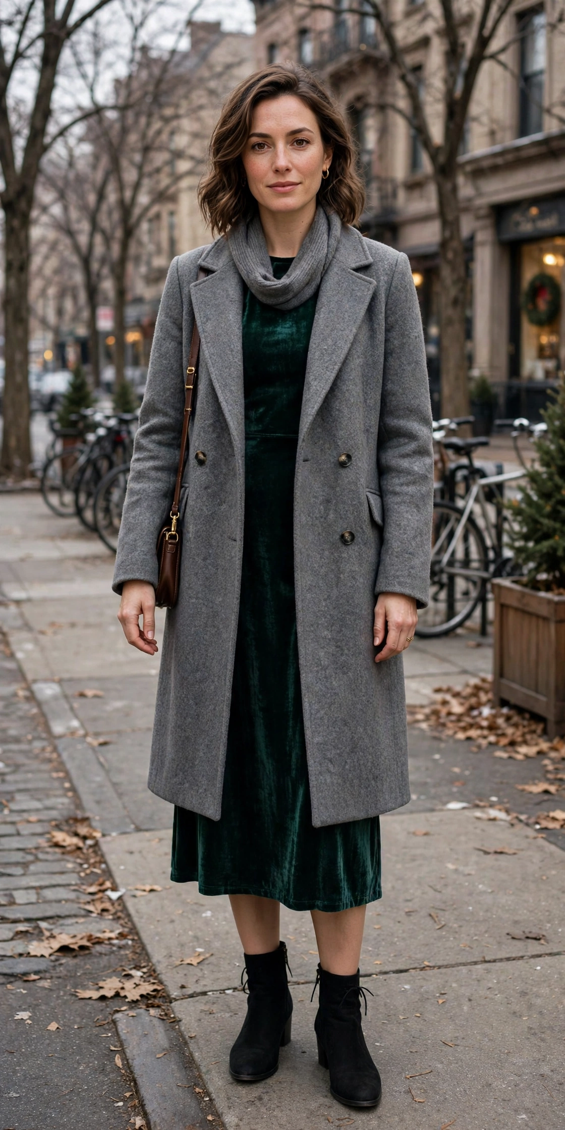 22 Grey Wool Coat Outfits for Winter Weekends That Are Chic, Warm and Elegant 22 Grey Wool Coat With a Velvet Midi Dress