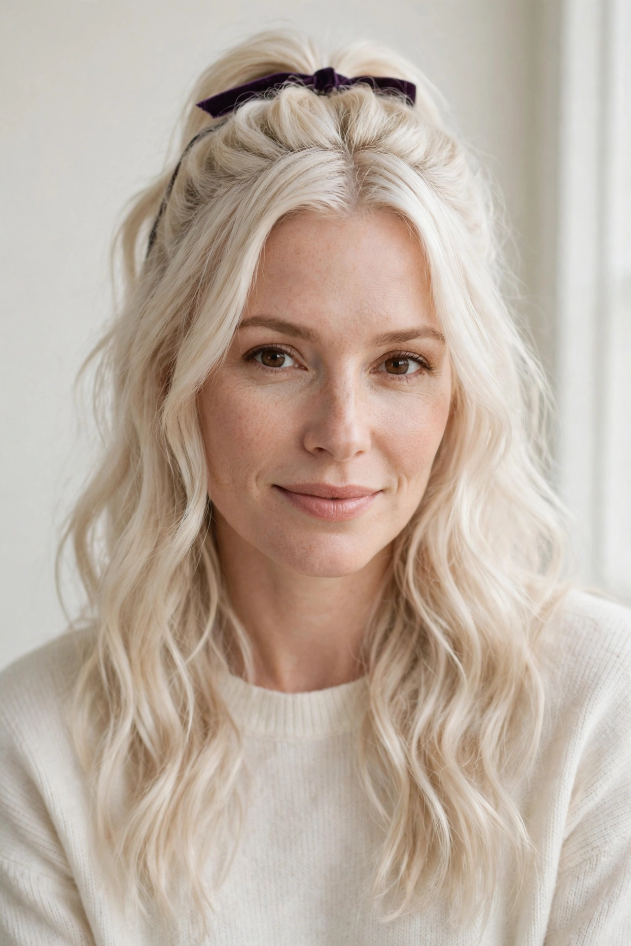 Platinum Blonde Half Up Valentine Hairstyles with Loose Waves with A Slim Velvet Ribbon
