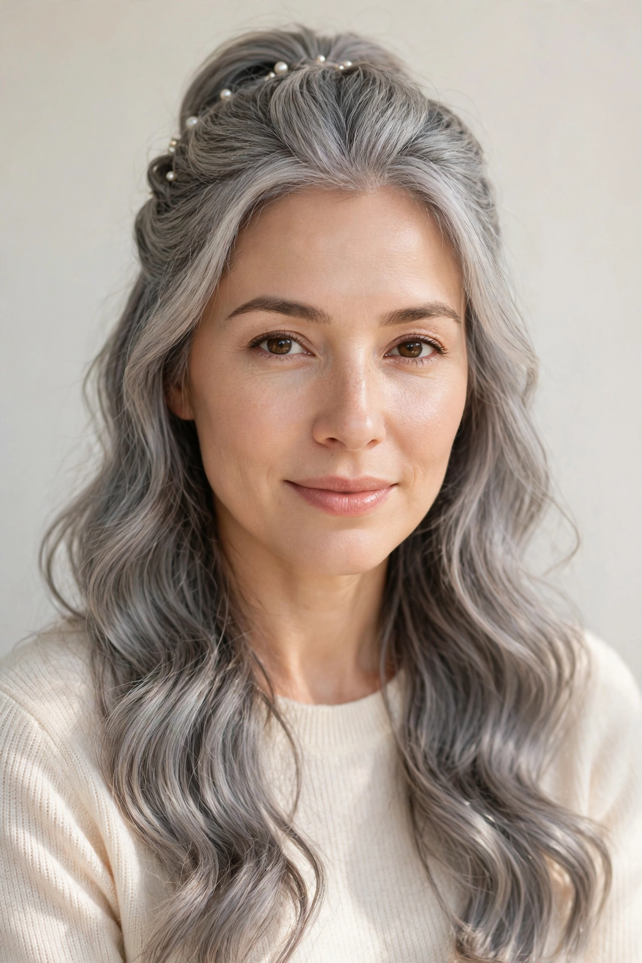 Half Up Valentine Hairstyles with Loose Waves in soft grey-blended with a smooth and polished finish