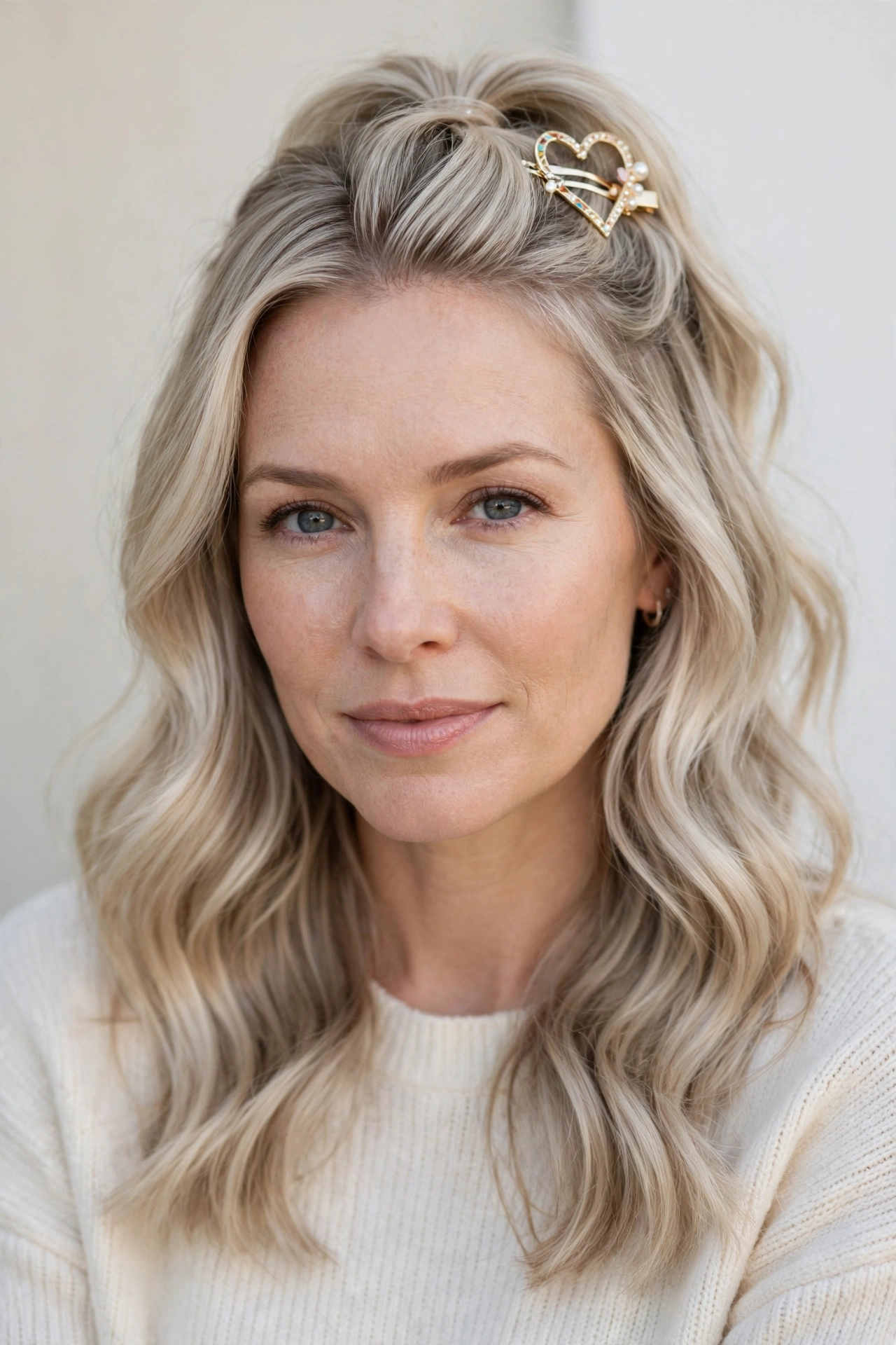 Ash Blonde Half Up Valentine Hairstyles with Loose Waves with A Pretty Barrette