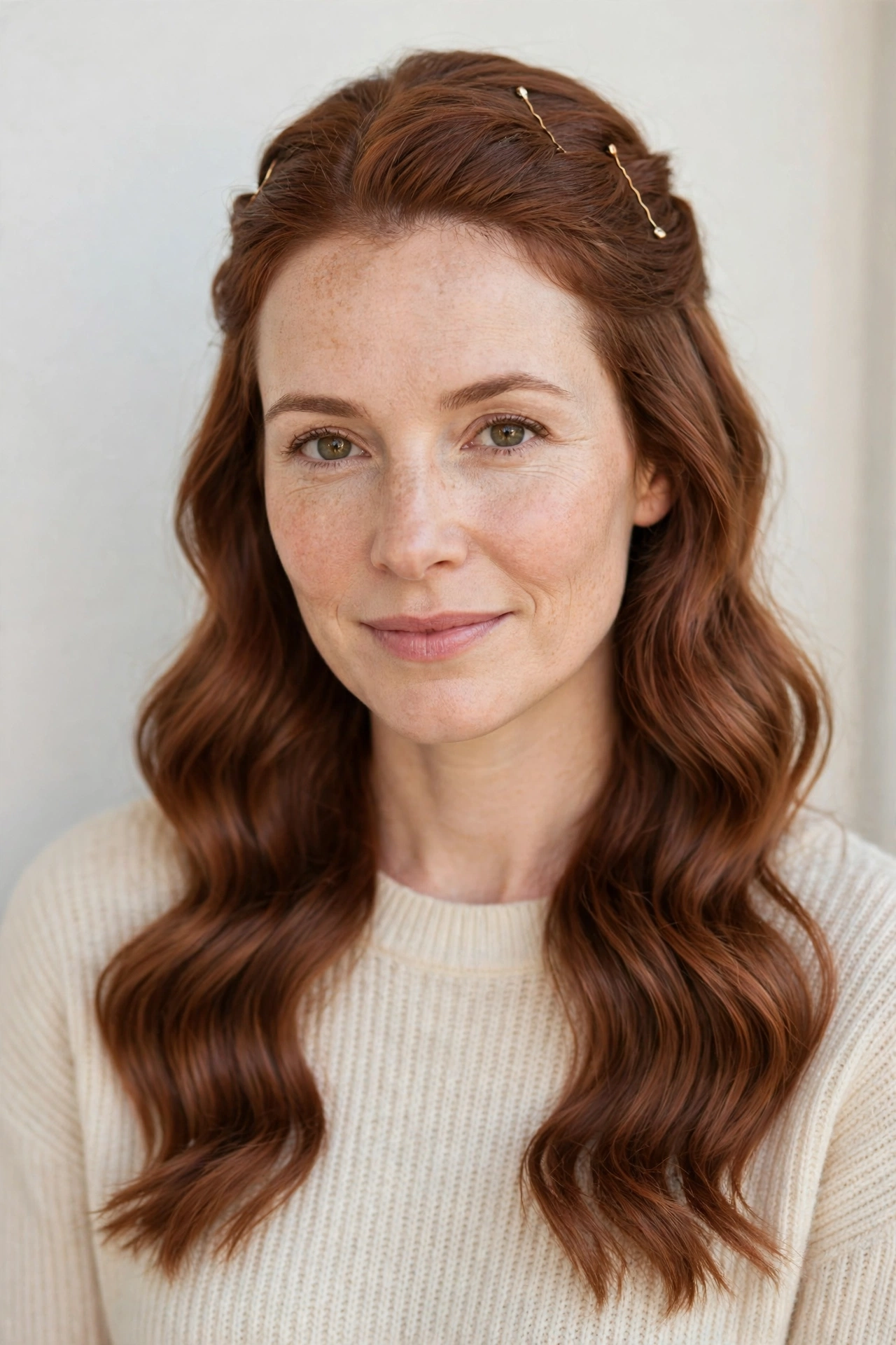 Half Up Valentine Hairstyles with Loose Waves in soft auburn with a glossy and neat finish