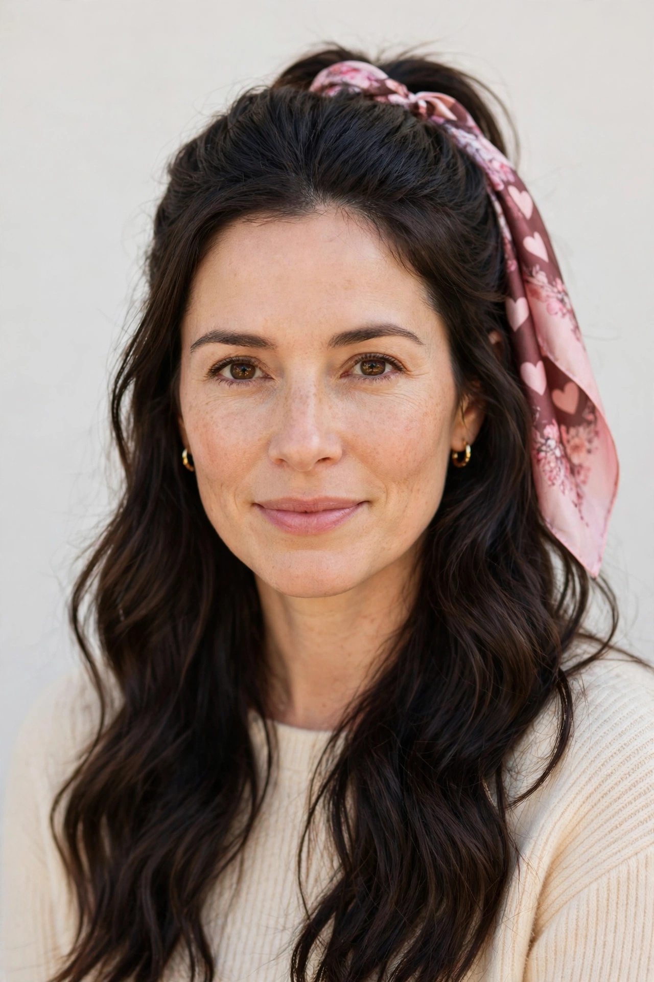 Deep Brunette Half Up Valentine Hairstyles with Loose Waves with A Silk Scarf Accent