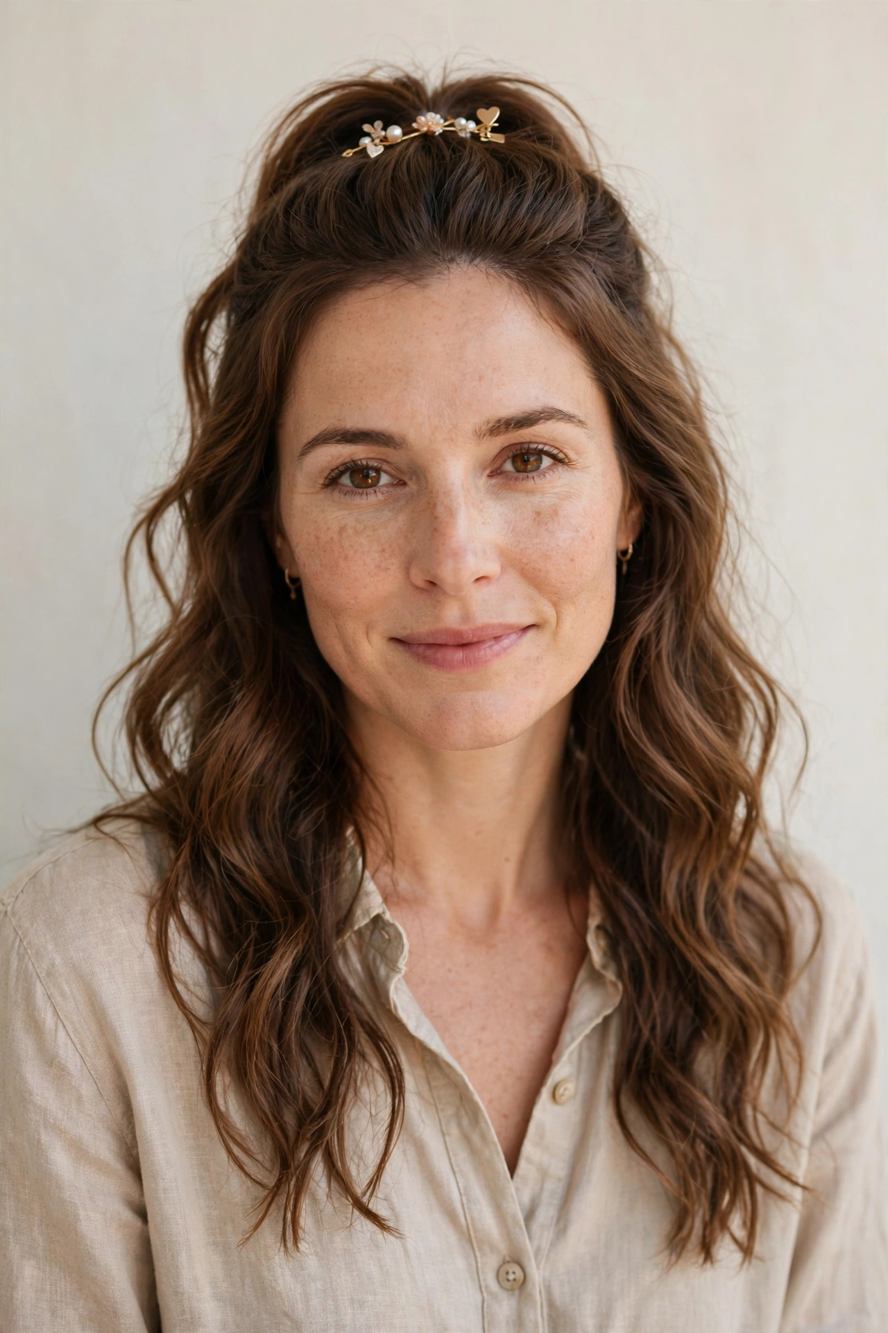 Warm Brown Half Up Valentine Hairstyles with Loose Waves with A Dainty Hair Clip
