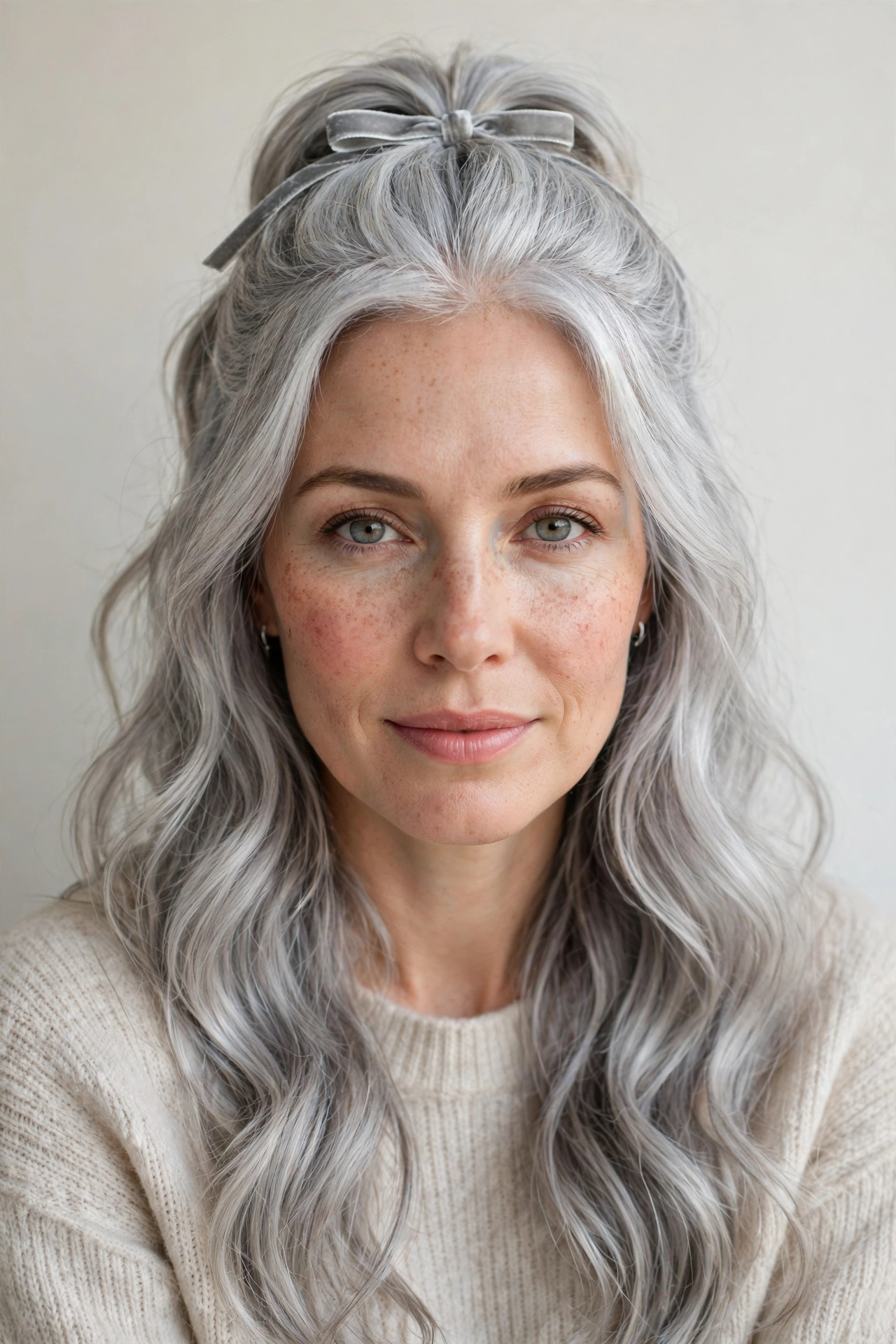 Silver Half Up Valentine Hairstyles with Loose Waves with A Slim Velvet Ribbon