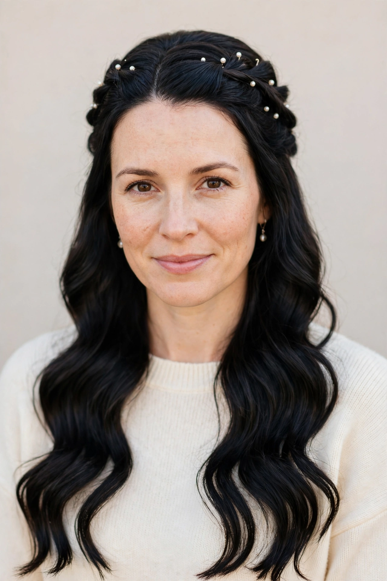 Half Up Valentine Hairstyles with Loose Waves in soft black with a smooth and polished finish