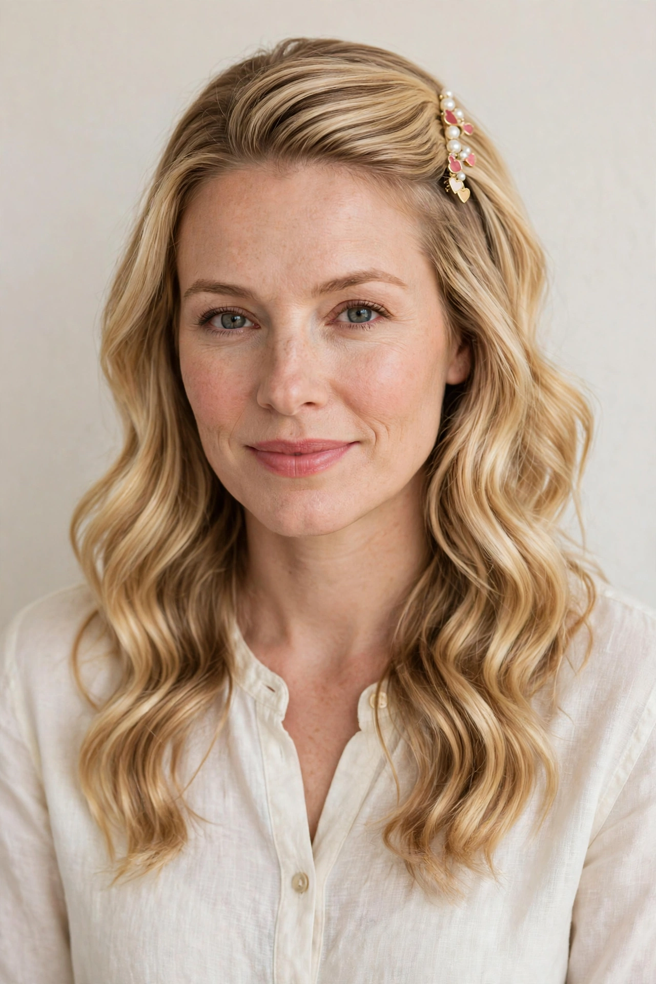 Honey Blonde Half Up Valentine Hairstyles with Loose Waves with A Pretty Barrette