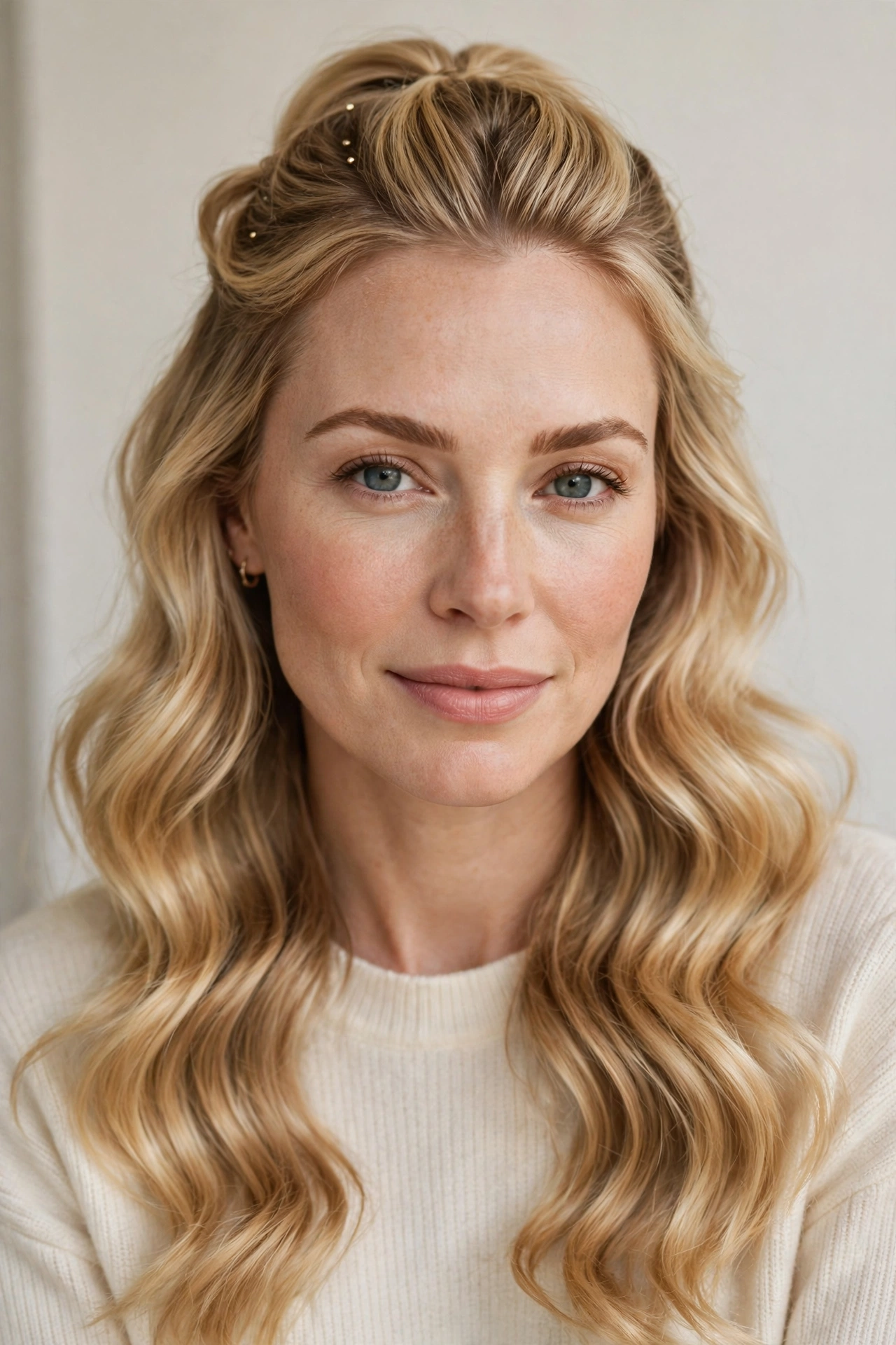 Half Up Valentine Hairstyles with Loose Waves in golden blonde with a glossy and neat finish