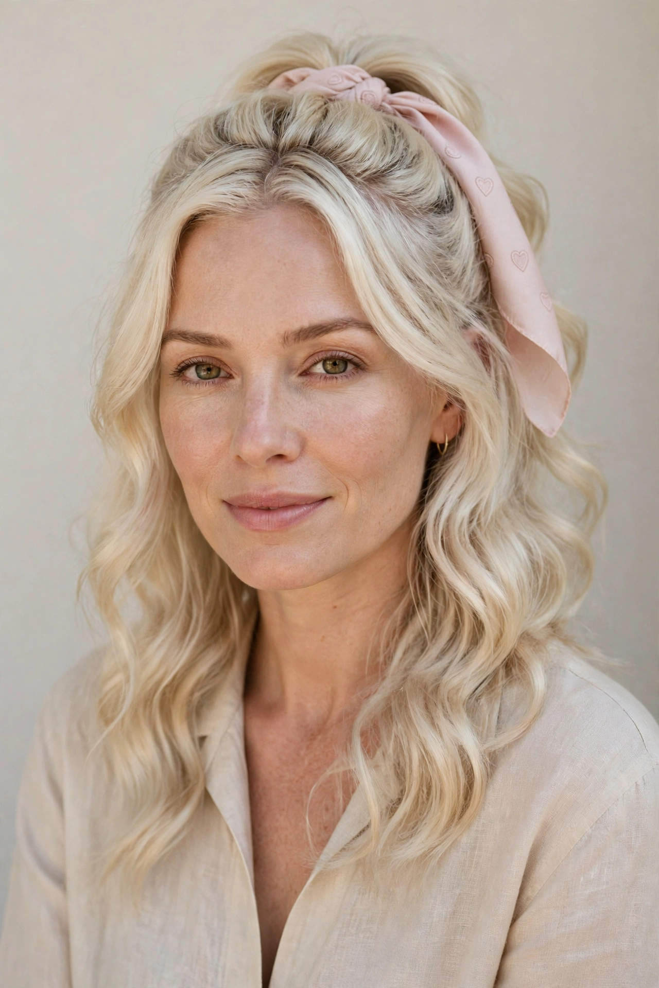 Platinum Blonde Half Up Valentine Hairstyles with Loose Waves with A Silk Scarf Accent