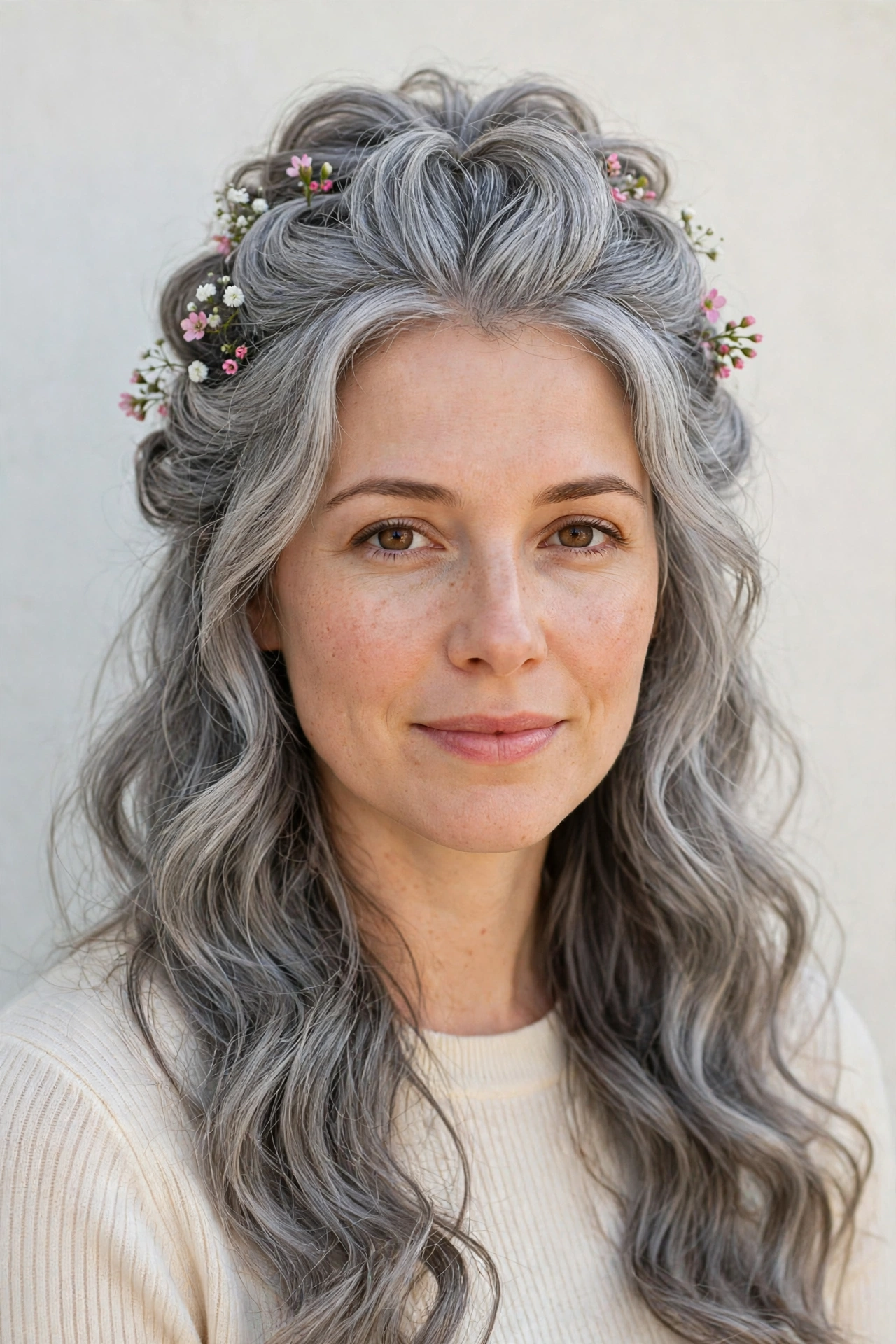 Half Up Valentine Hairstyles with Loose Waves in soft grey-blended with a voluminous at the roots finish