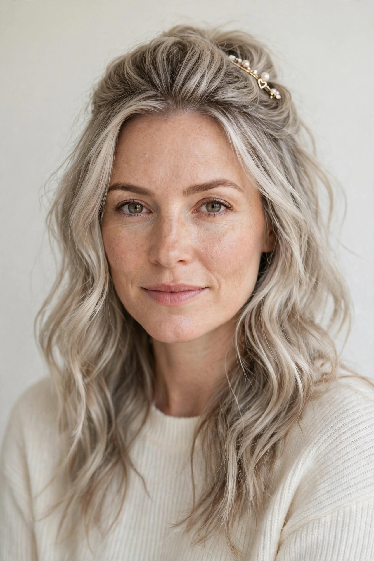 Ash Blonde Half Up Valentine Hairstyles with Loose Waves with A Dainty Hair Clip