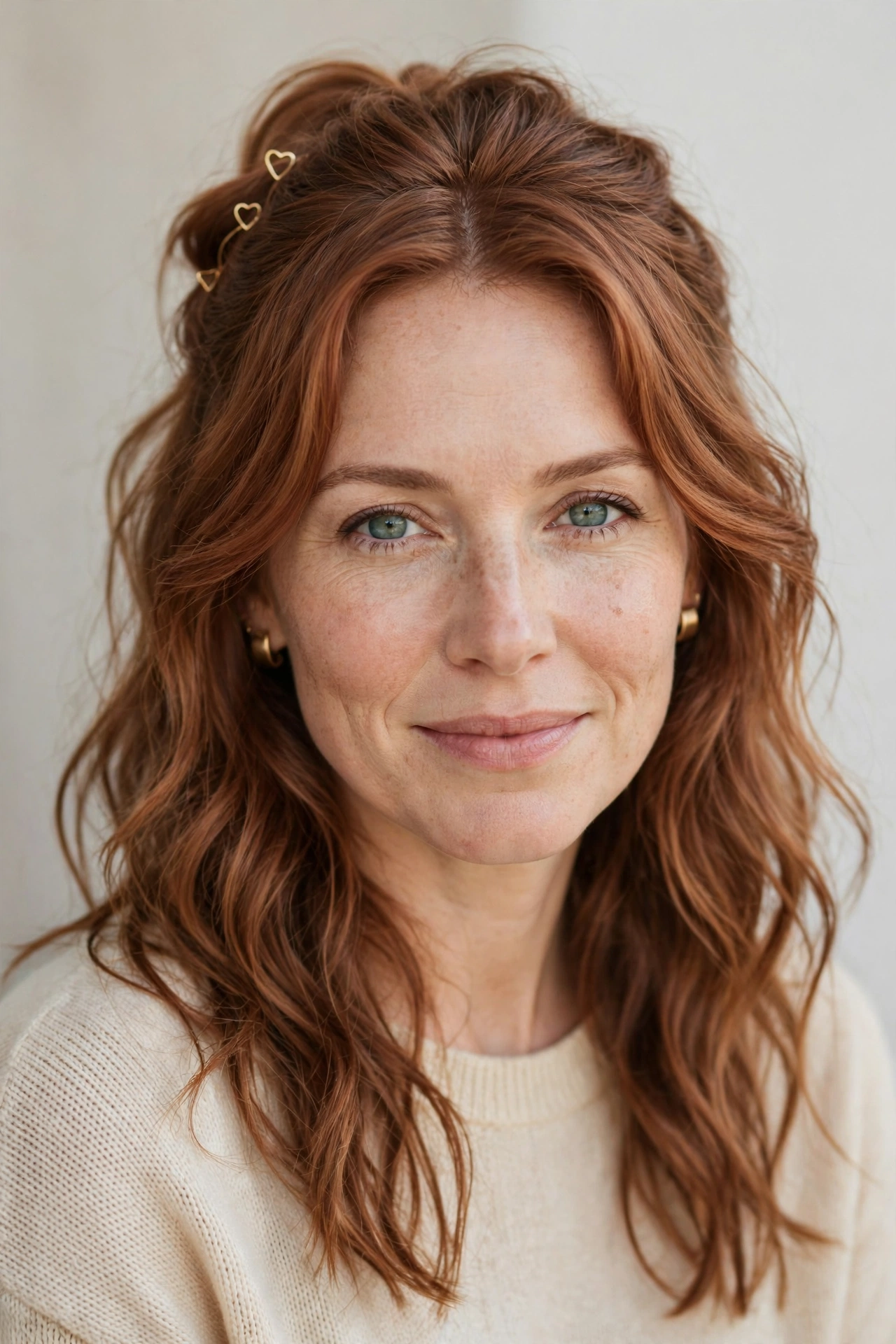 Half Up Valentine Hairstyles with Loose Waves in soft auburn with a gently tousled finish