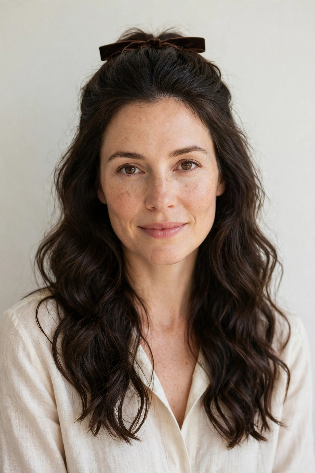 Deep Brunette Half Up Valentine Hairstyles with Loose Waves with A Slim Velvet Ribbon