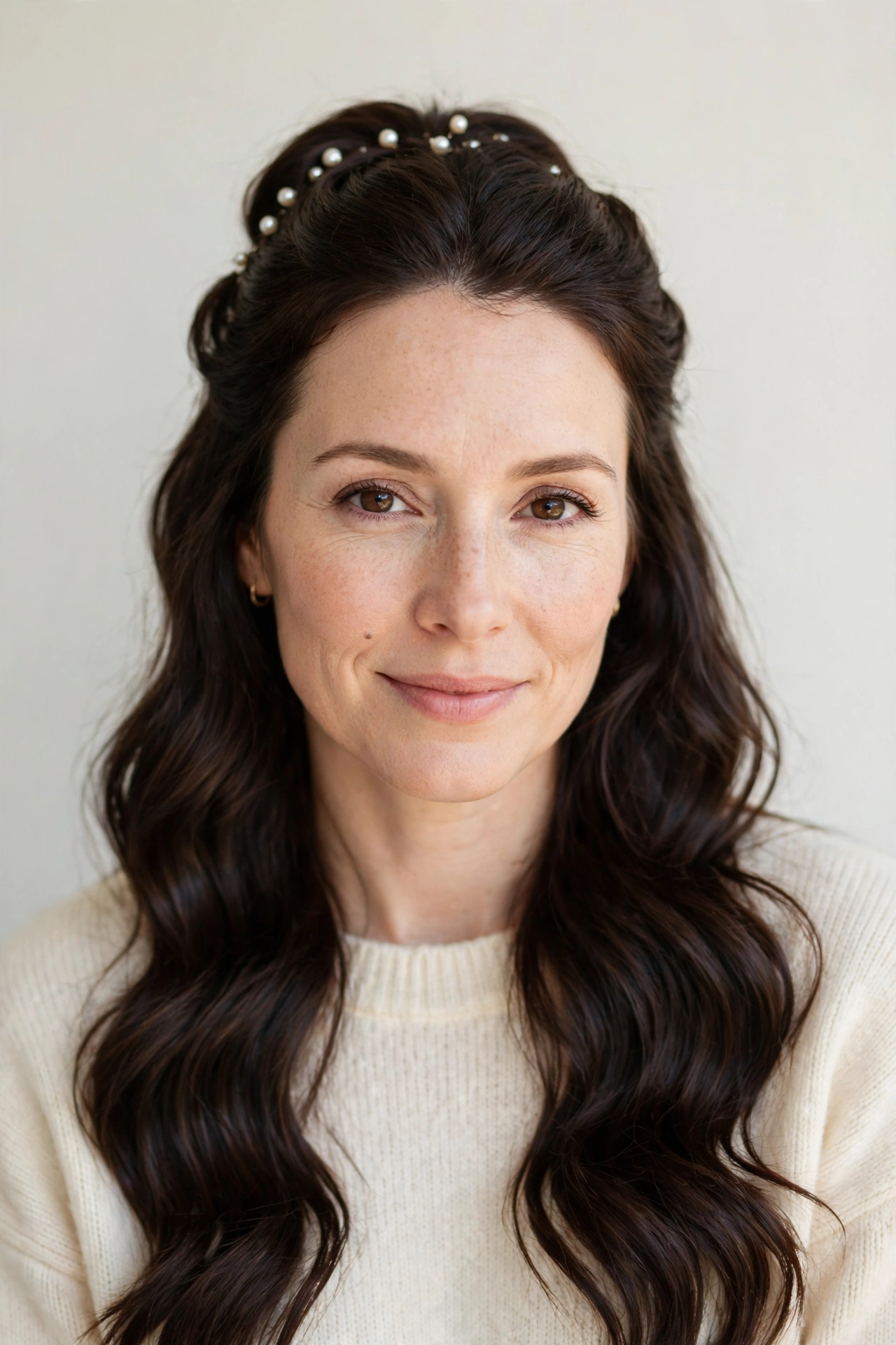 Half Up Valentine Hairstyles with Loose Waves in dark chocolate with a smooth and polished finish