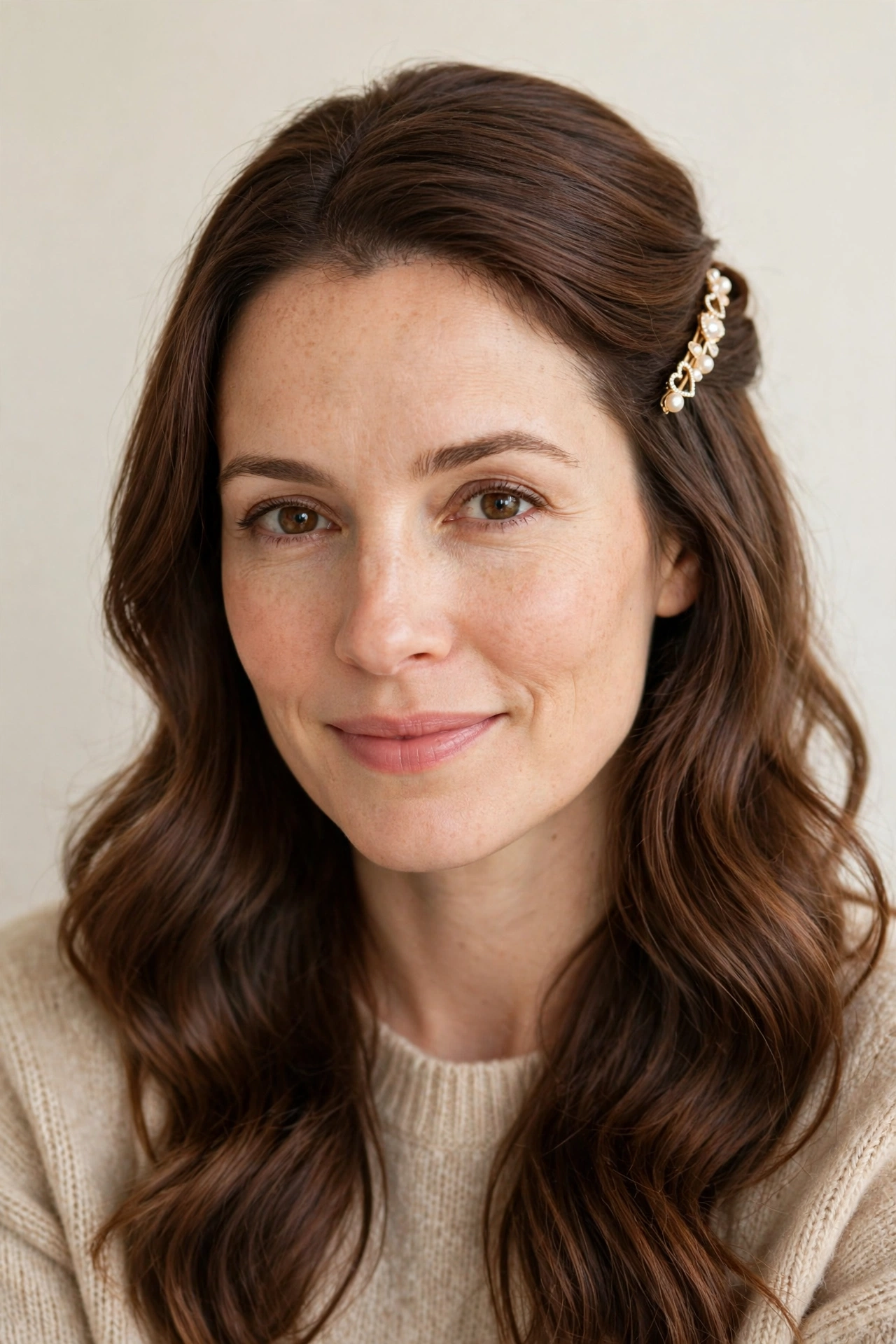 Warm Brown Half Up Valentine Hairstyles with Loose Waves with A Pretty Barrette