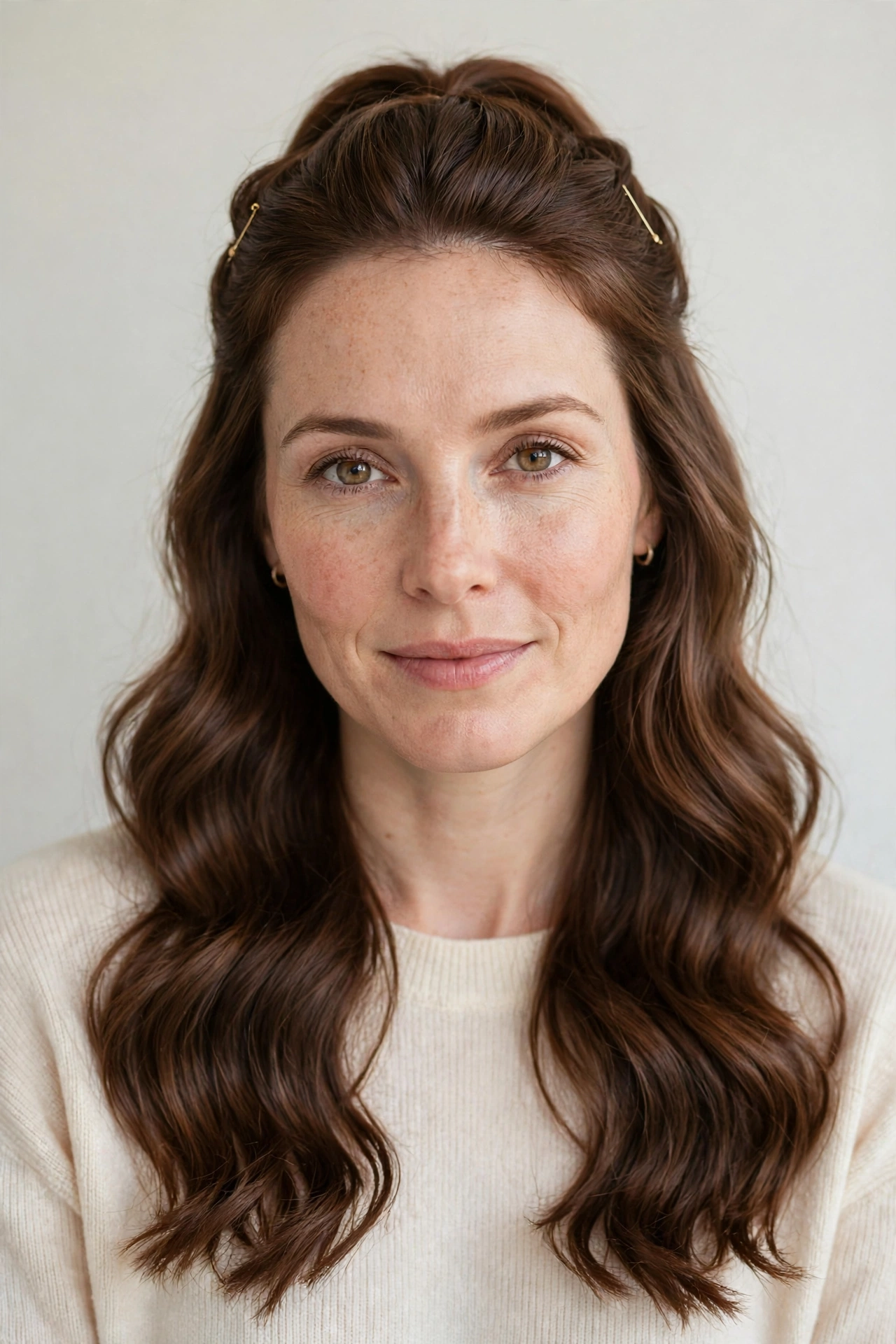 Half Up Valentine Hairstyles with Loose Waves in chestnut with a glossy and neat finish