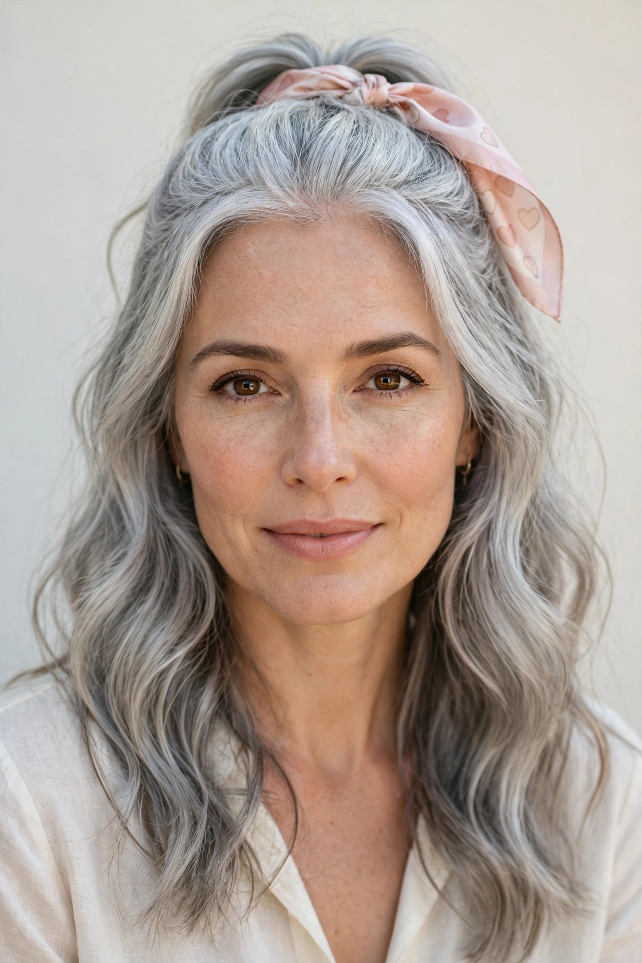 Silver Half Up Valentine Hairstyles with Loose Waves with A Silk Scarf Accent