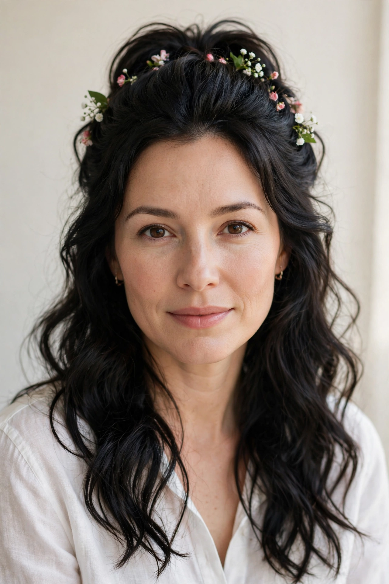 Half Up Valentine Hairstyles with Loose Waves in soft black with a voluminous at the roots finish