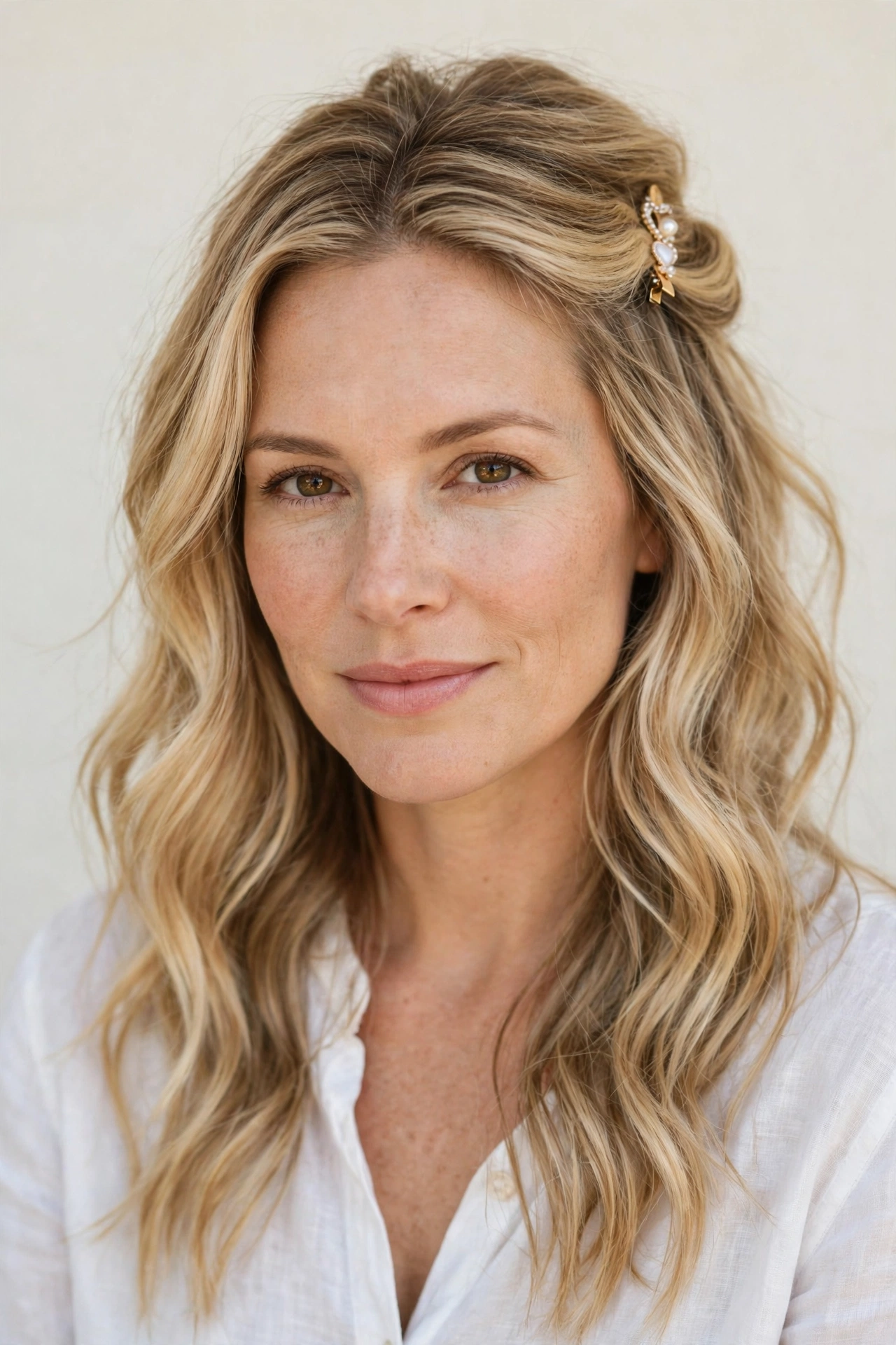 Honey Blonde Half Up Valentine Hairstyles with Loose Waves with A Dainty Hair Clip