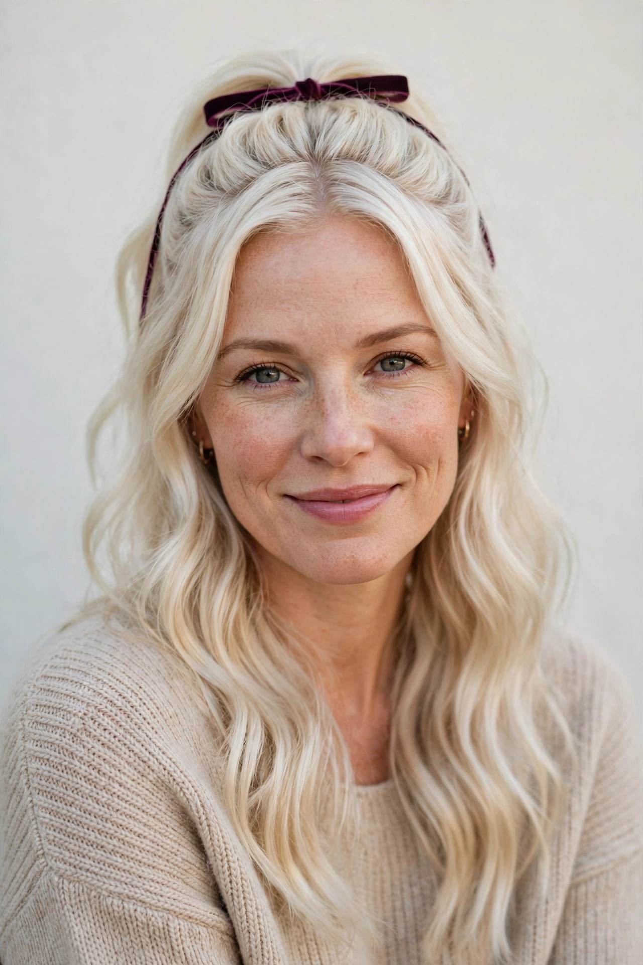 Platinum Blonde Half Up Valentine Hairstyles with Loose Waves with A Slim Velvet Ribbon for A Relaxed Evening With Friends