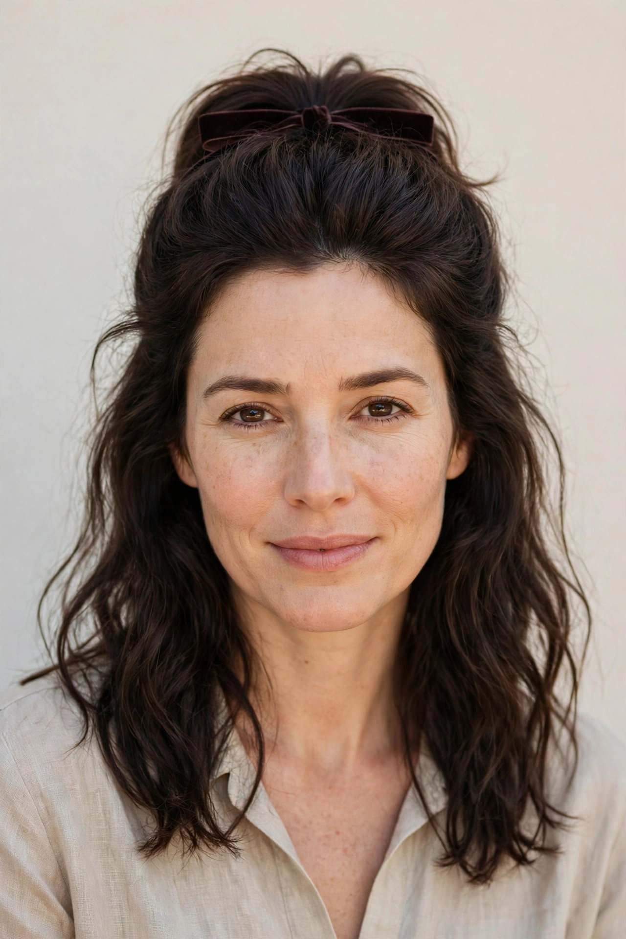 Deep Brunette Half Up Valentine Hairstyles with Volume at The Crown with A Slim Velvet Ribbon