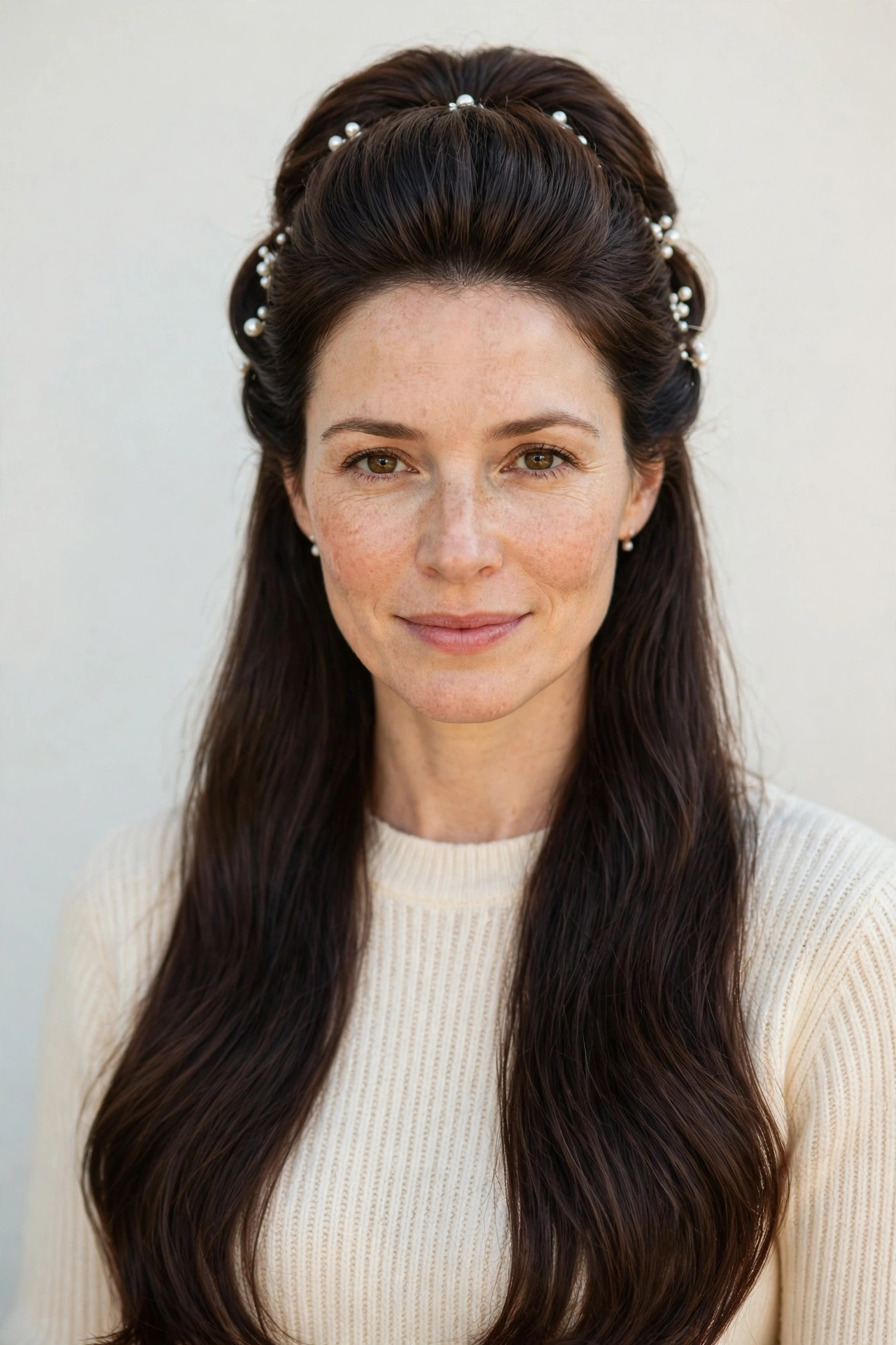 Half Up Valentine Hairstyles with Volume at The Crown in dark chocolate with a smooth and polished finish
