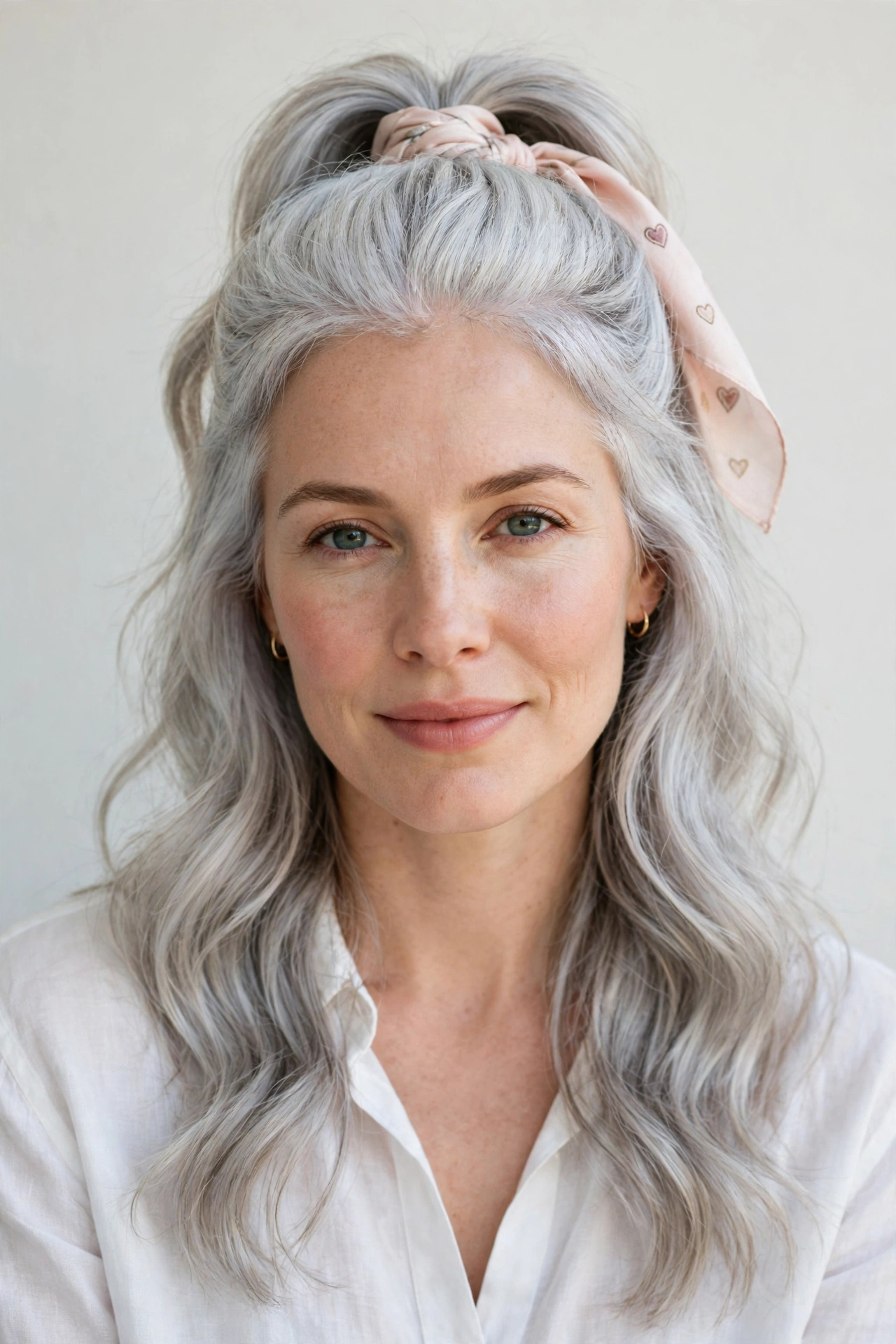 Silver Half Up Valentine Hairstyles with Volume at The Crown with A Silk Scarf Accent