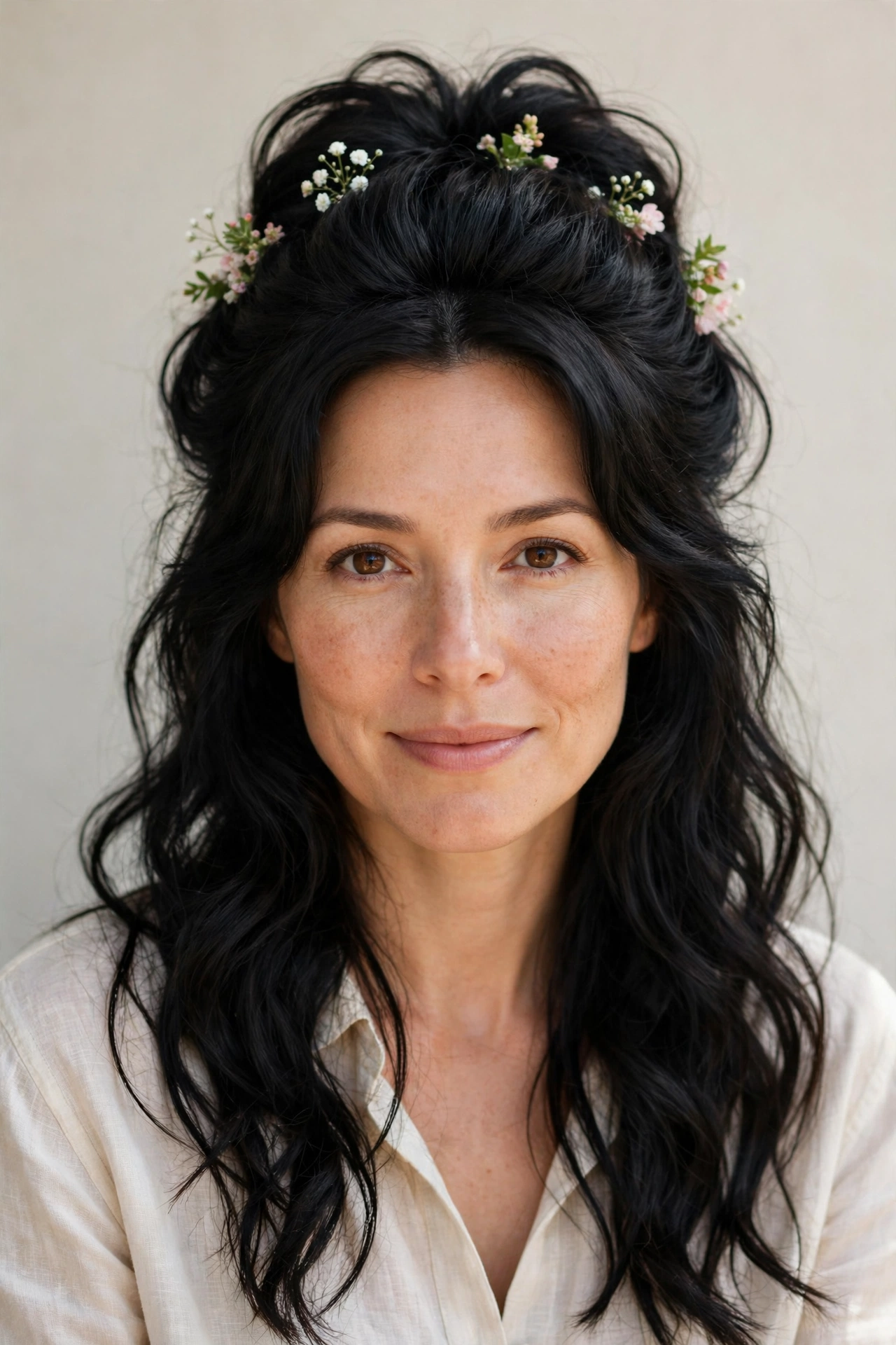 Half Up Valentine Hairstyles with Volume at The Crown in soft black with a voluminous at the roots finish